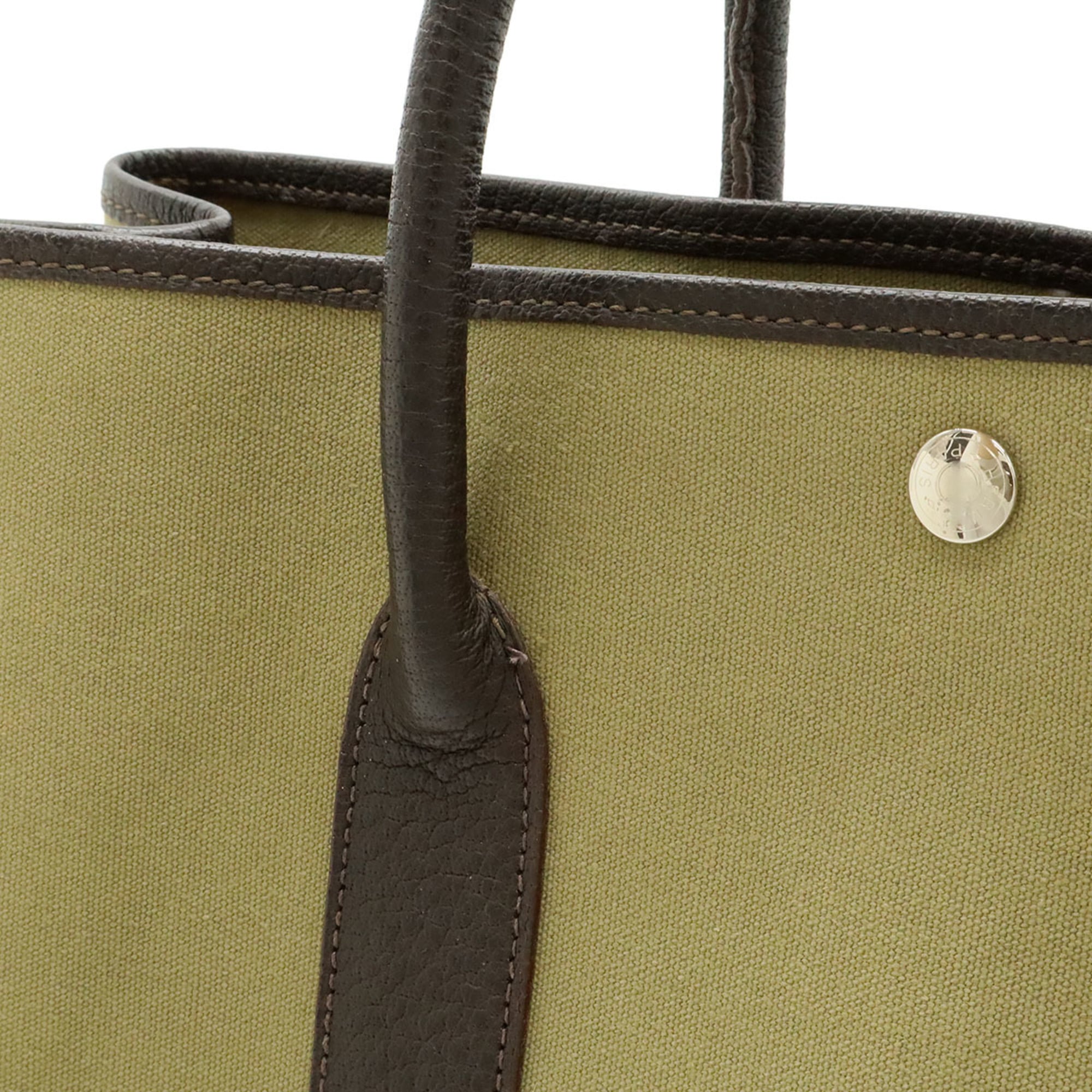 Hermes Garden Dark Brown Khaki Canvas Leather Handbag Tote Bag (Pre-Owned)