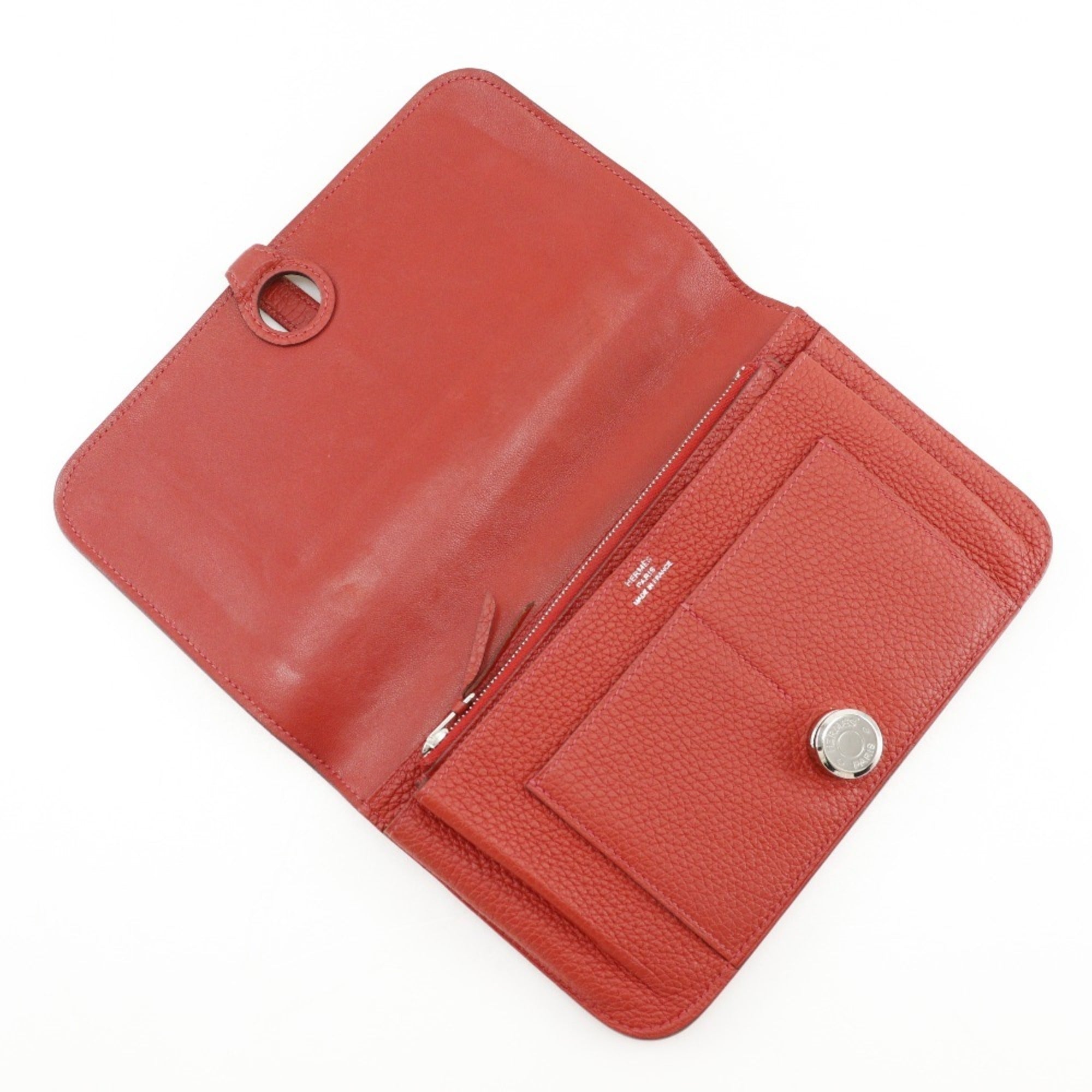 Hermes Dogon Red Color Taurillon Clemence Leather Long Wallet (Bi-Fold) (Pre-Owned)