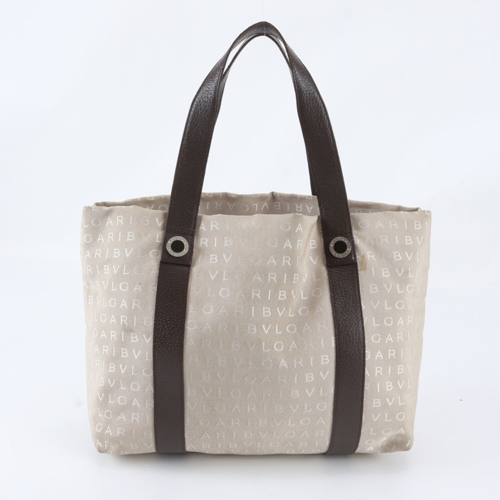 Bvlgari Beige Leather Canvas Handbag Tote Bag (Pre-Owned)