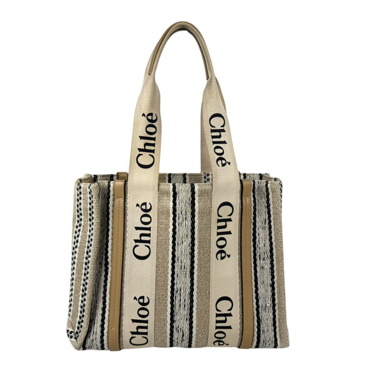 Chloé Beige Black Linen Tote Bag (Pre-Owned)