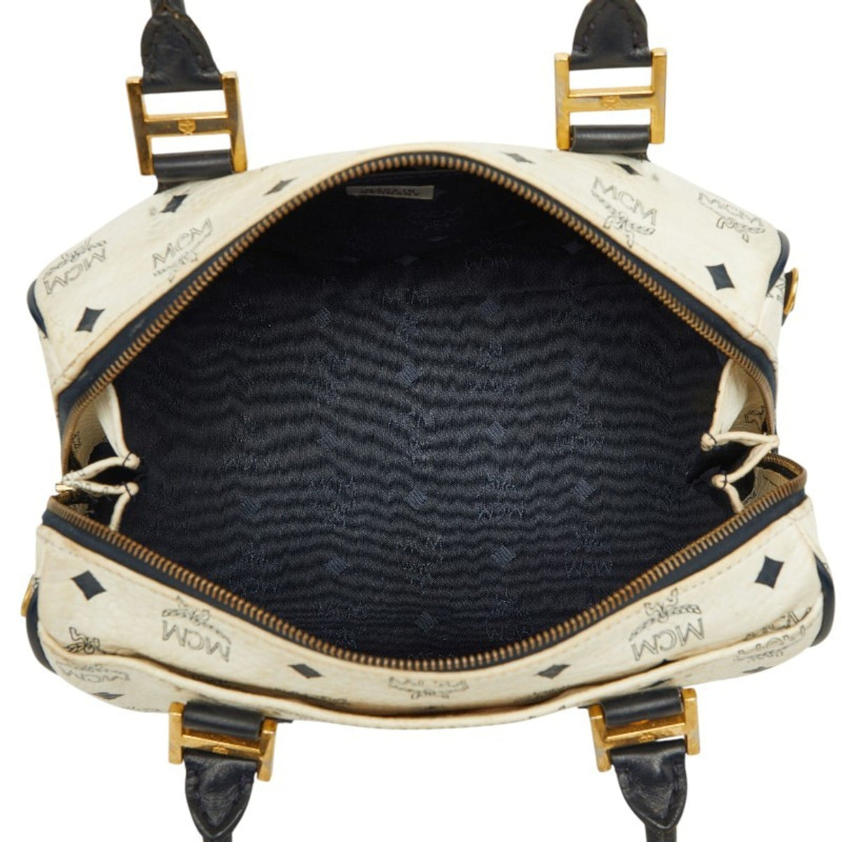 Mcm Gold Navy White Pvc Leather Boston Bag Handbag (Pre-Owned)