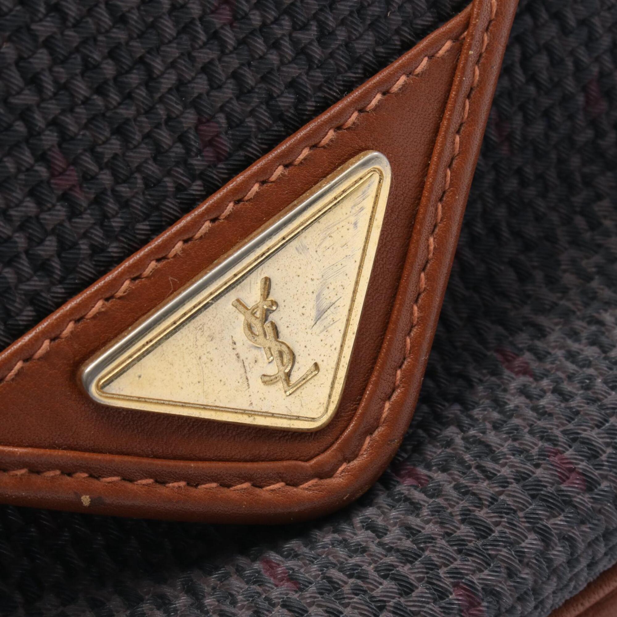 Yves Saint Laurent Brown Gray Coated Canvas Leather Shoulder Bag (Pre-Owned)