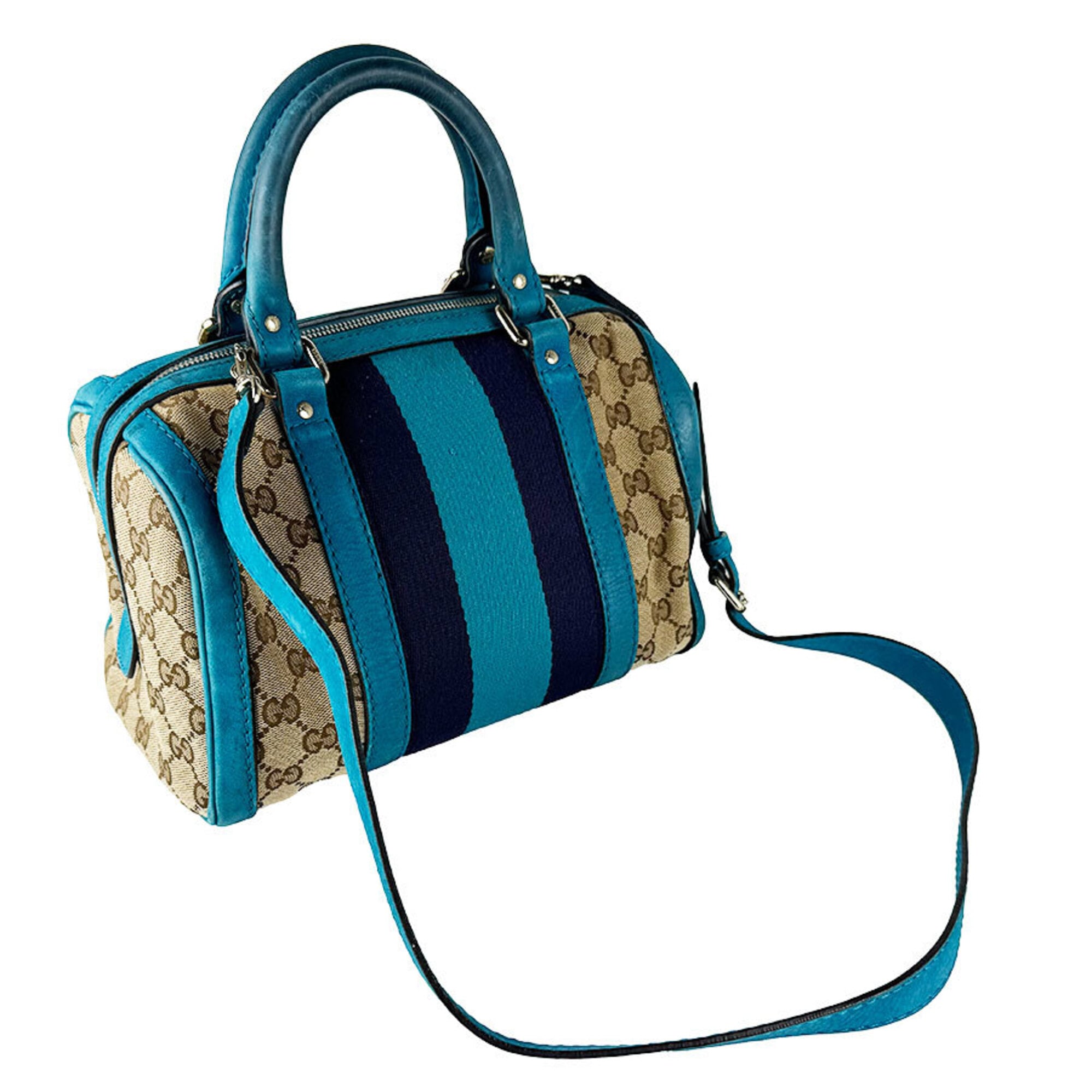 Gucci Brown Turquoise Gg Canvas Leather Handbag Shoulder Bag (Pre-Owned)
