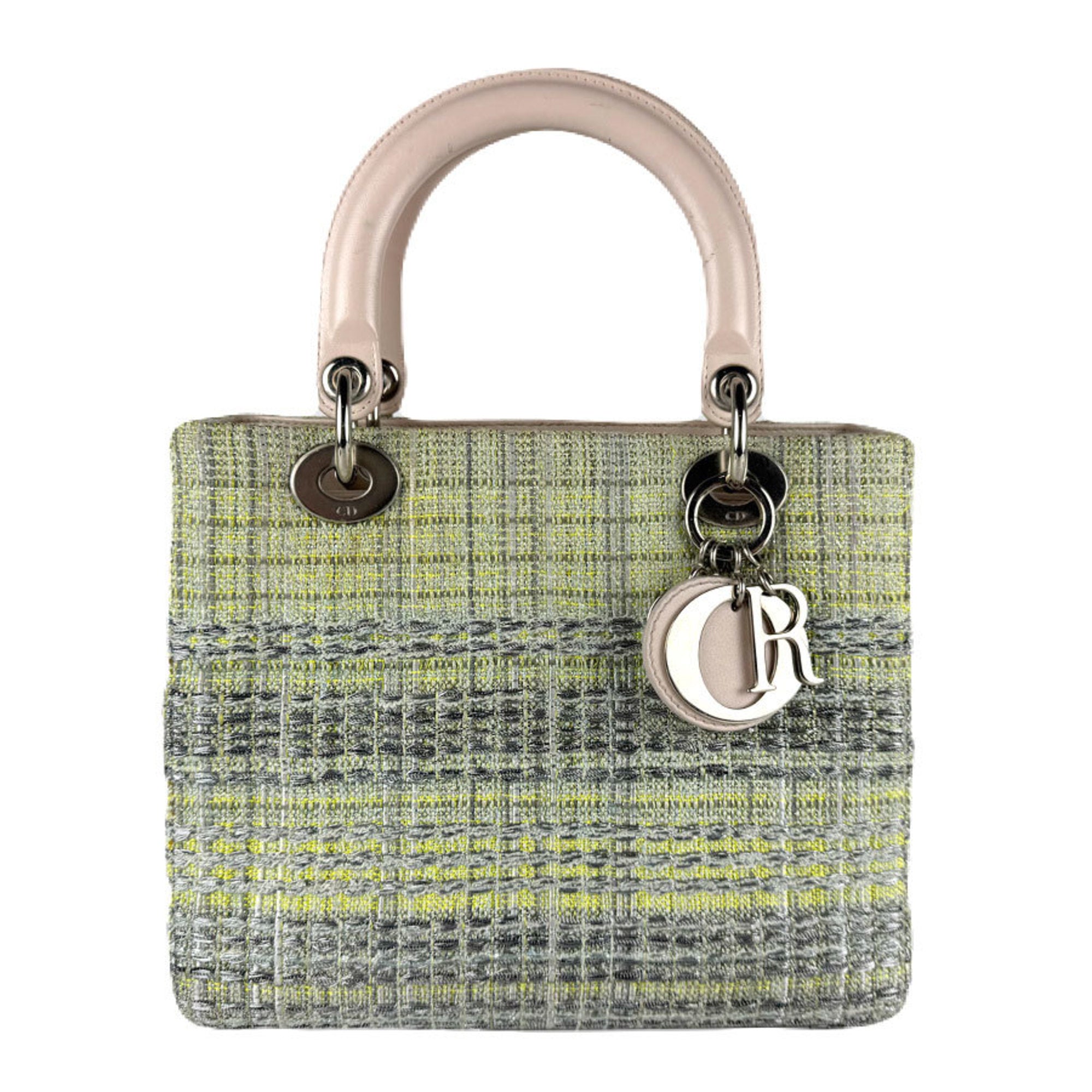 Christian Dior Green Pink Beige Tweed Leather Handbag Shoulder Bag (Pre-Owned)