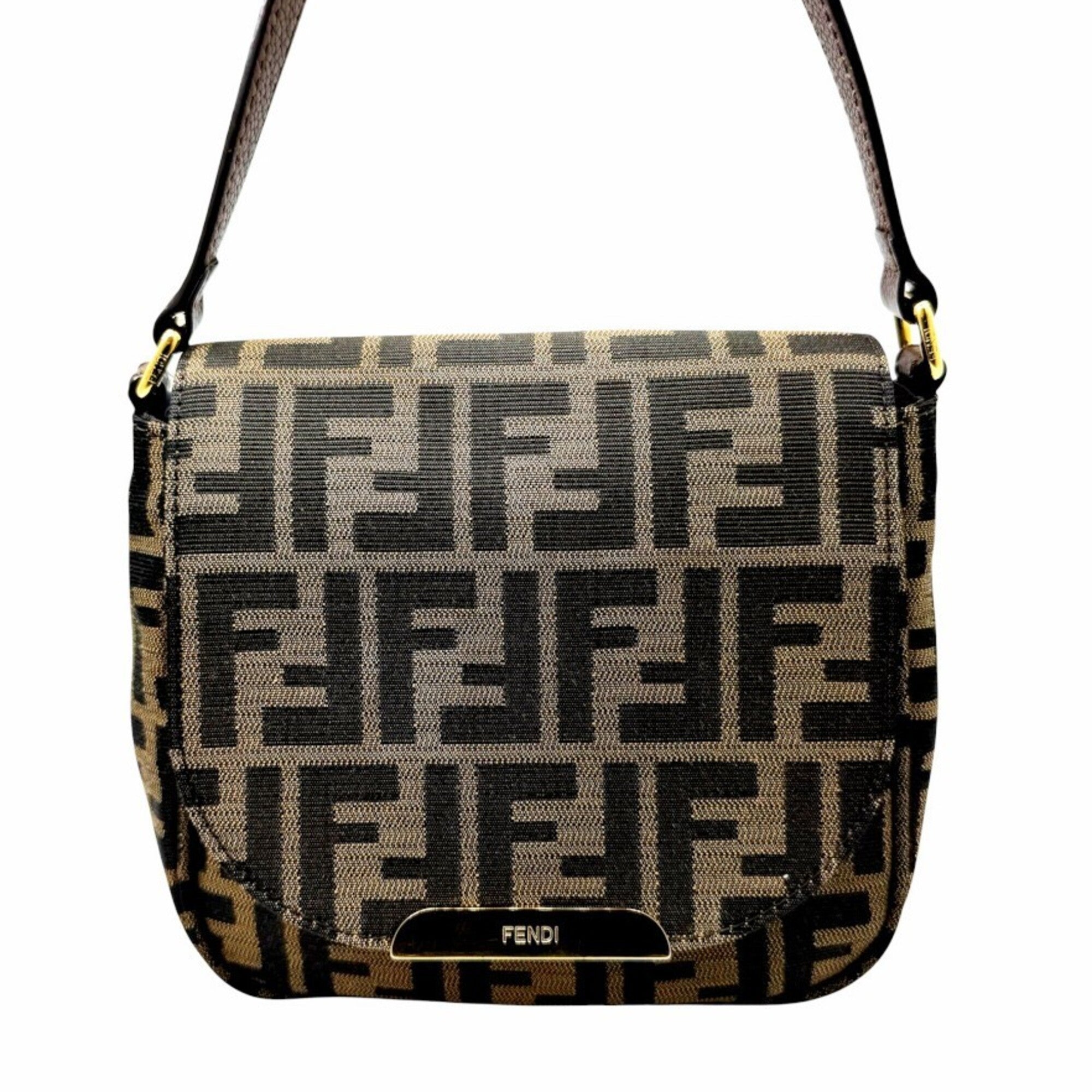 Fendi Zucca Brown Canvas Leather Shoulder Bag (Pre-Owned)