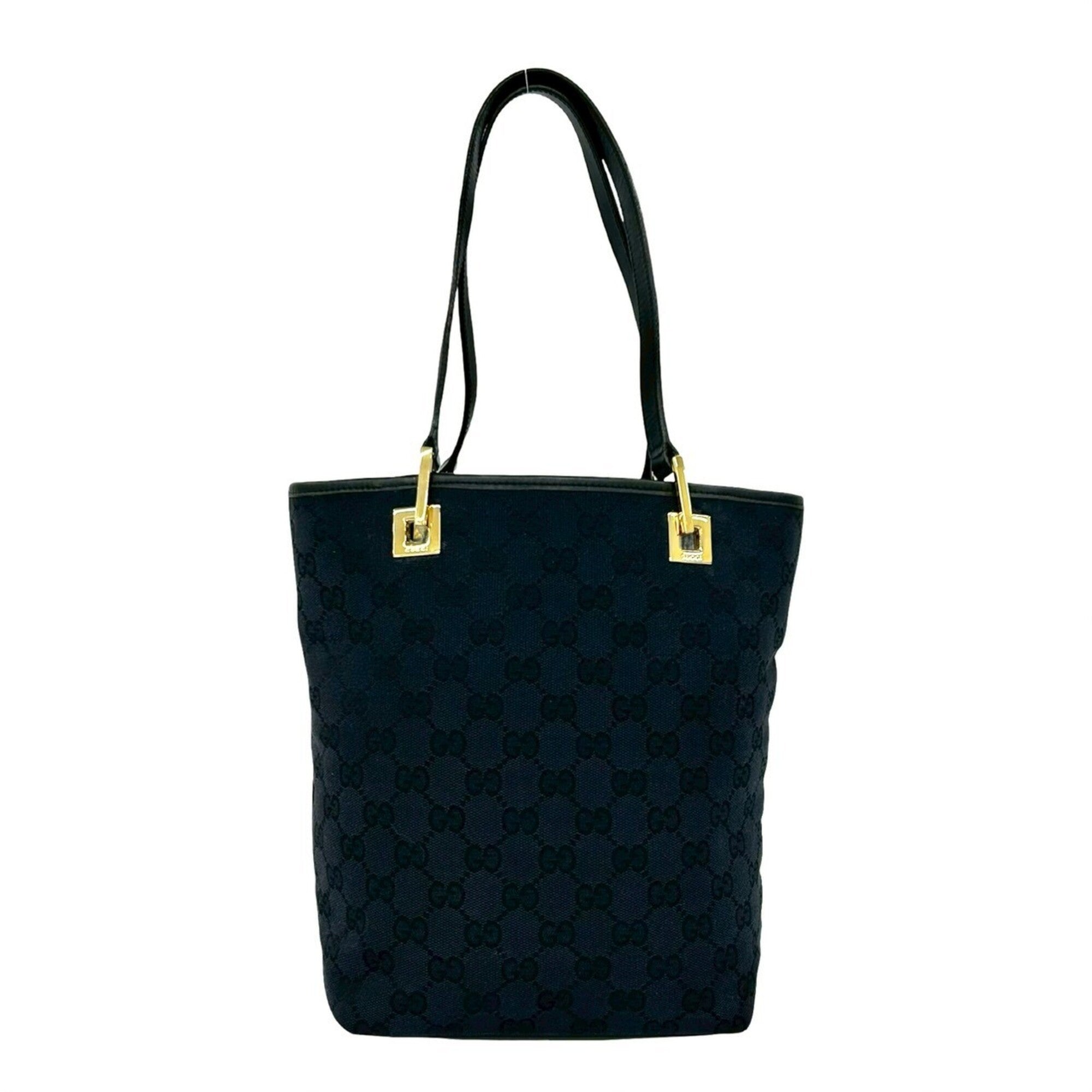 Gucci Black Navy Canvas Leather Handbag Tote Bag (Pre-Owned)