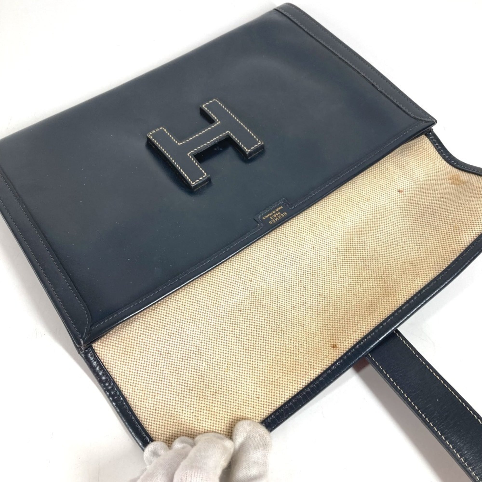 Hermes Navy Box Calf Leather Clutch Bag (Pre-Owned)