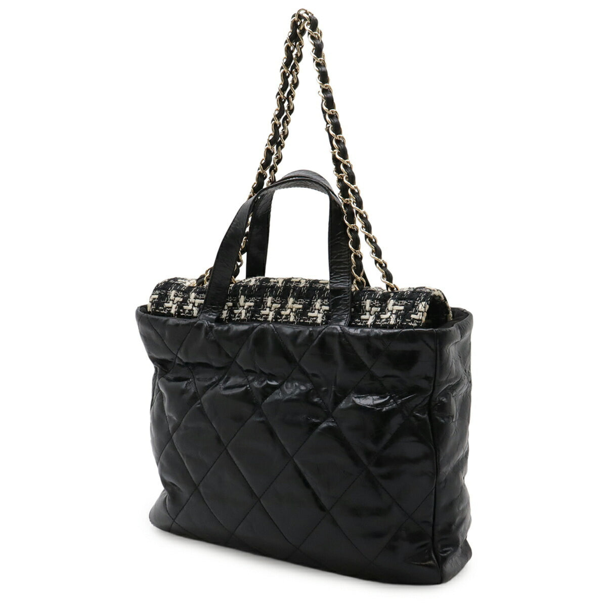 Chanel Black Ivory Leather Tweed Shoulder Bag Tote Bag (Pre-Owned)