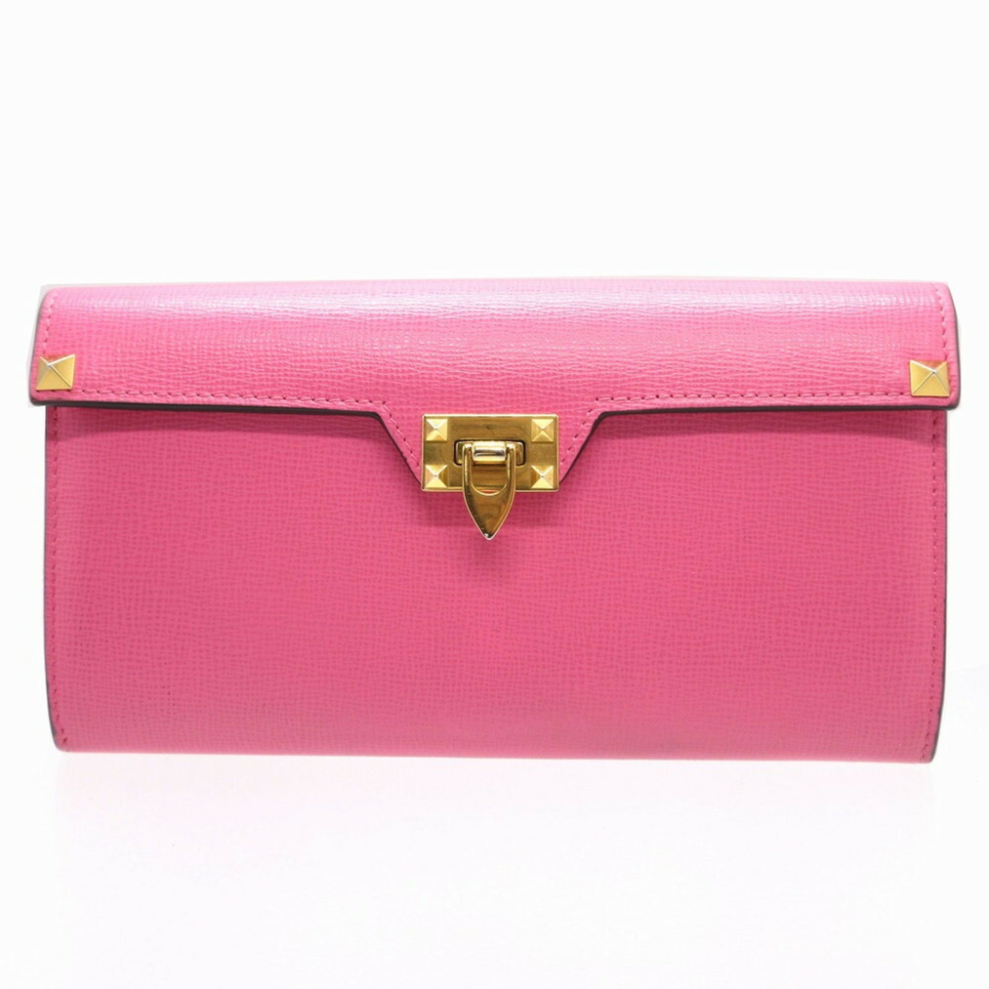 Valentino Pink Red Color Leather Long Wallet (Bi-Fold) (Pre-Owned)