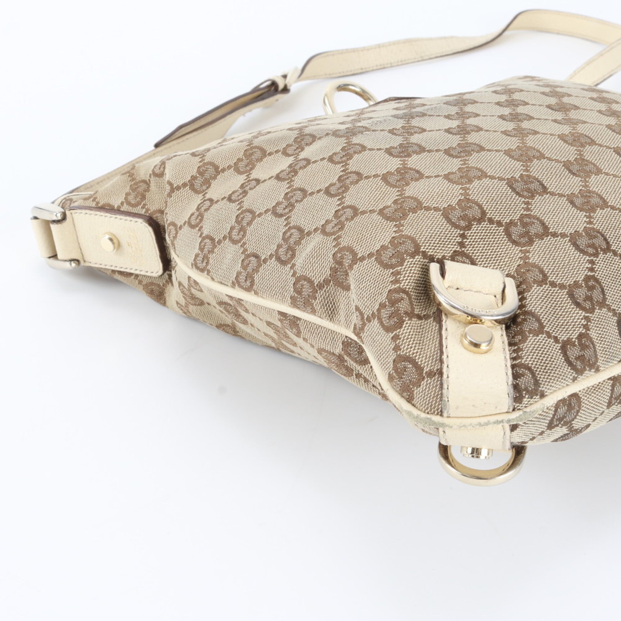 Gucci Beige White Leather Canvas Handbag Shoulder Bag Tote Bag (Pre-Owned)