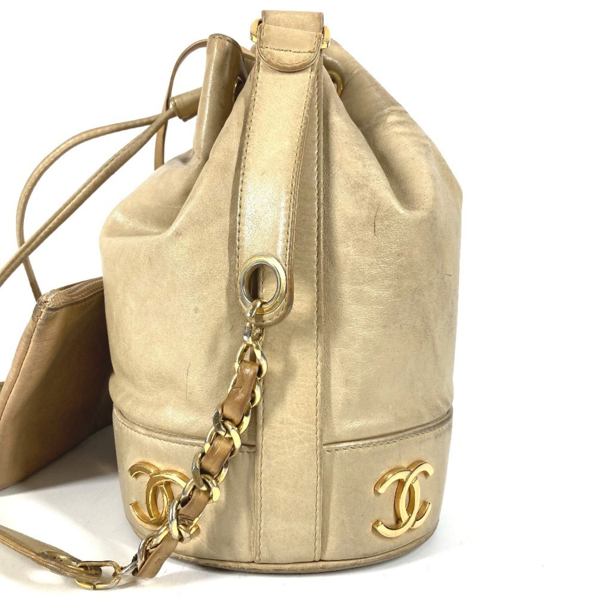 Chanel Beige Leather Handbag Pouch Shoulder Bag (Pre-Owned)
