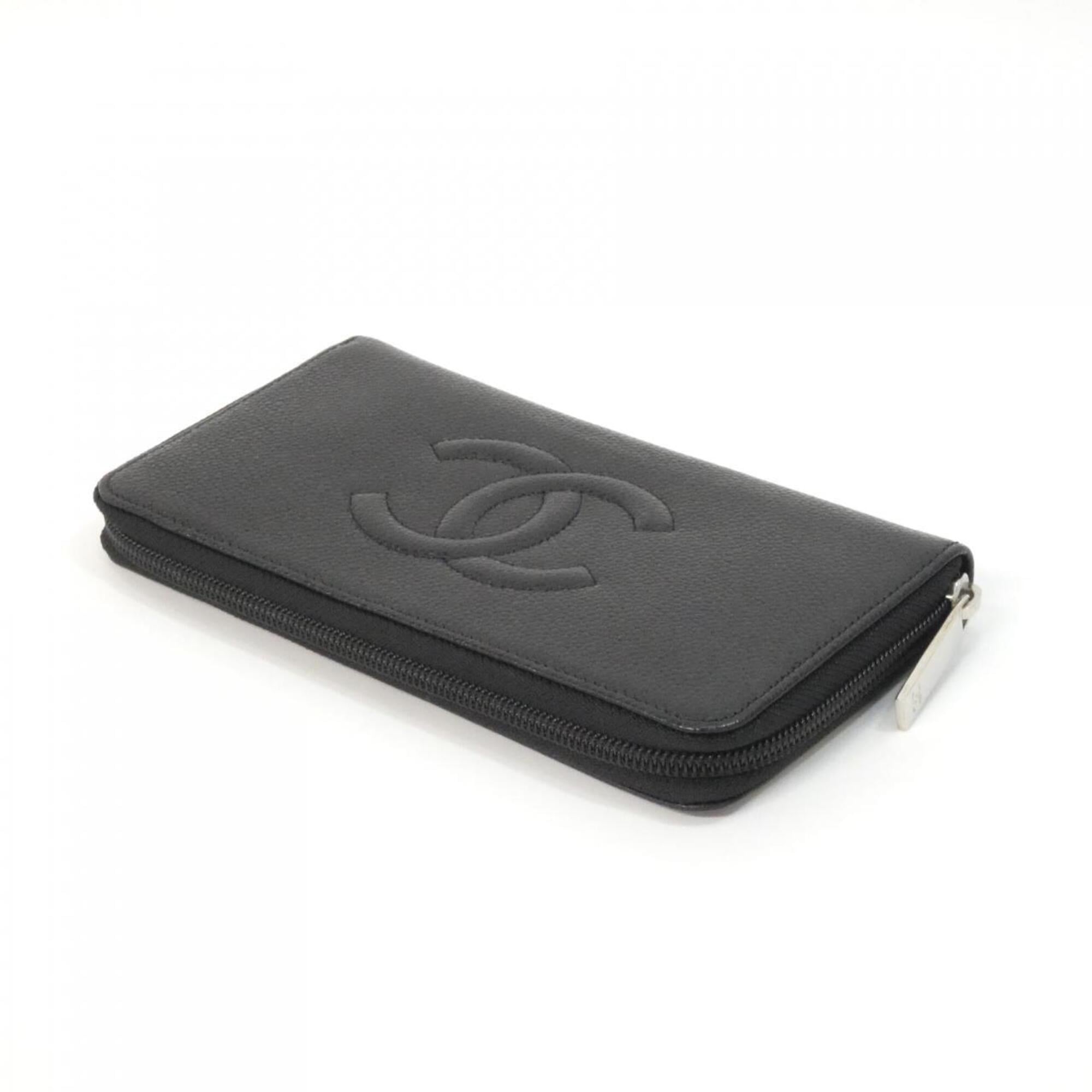 Chanel Black Grained Calfskin Long Wallet (Bi-Fold) (Pre-Owned)