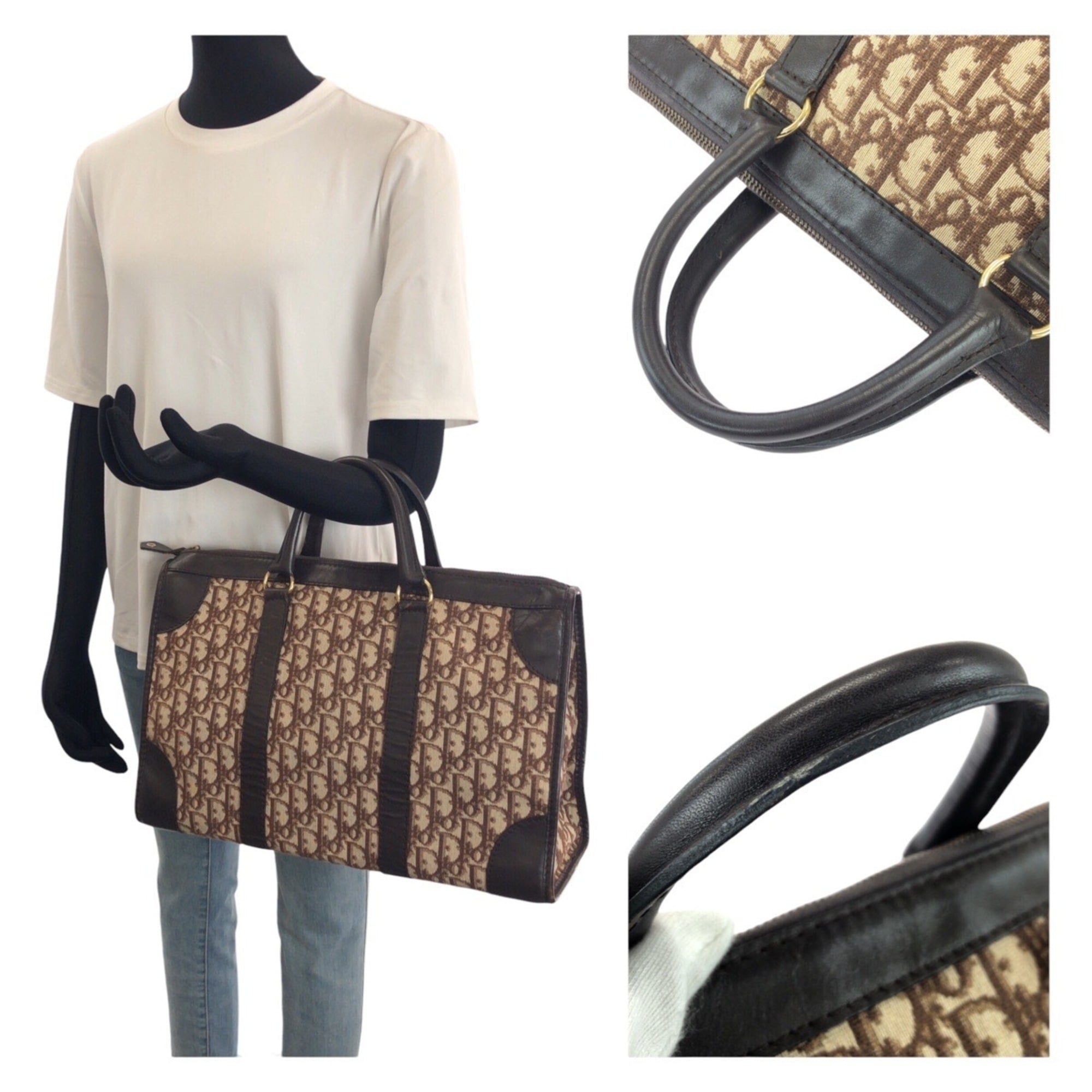 Christian Dior Brown Canvas Leather Boston Bag Handbag (Pre-Owned)