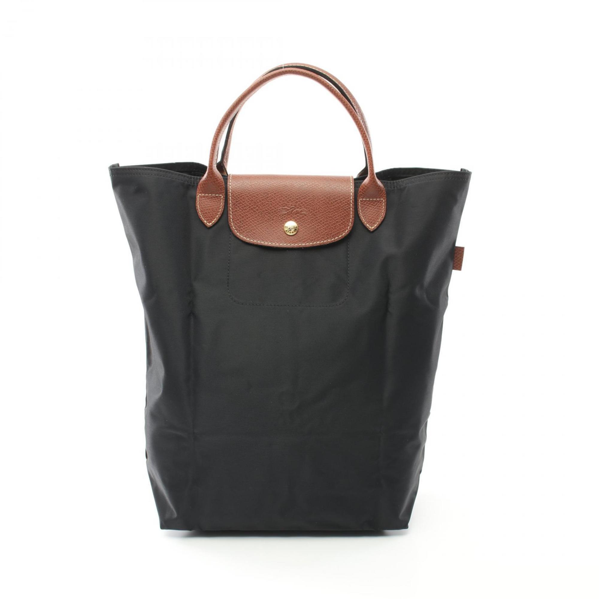 Longchamp Black Brown Nylon Leather Shopping Bag Tote Bag (Pre-Owned)