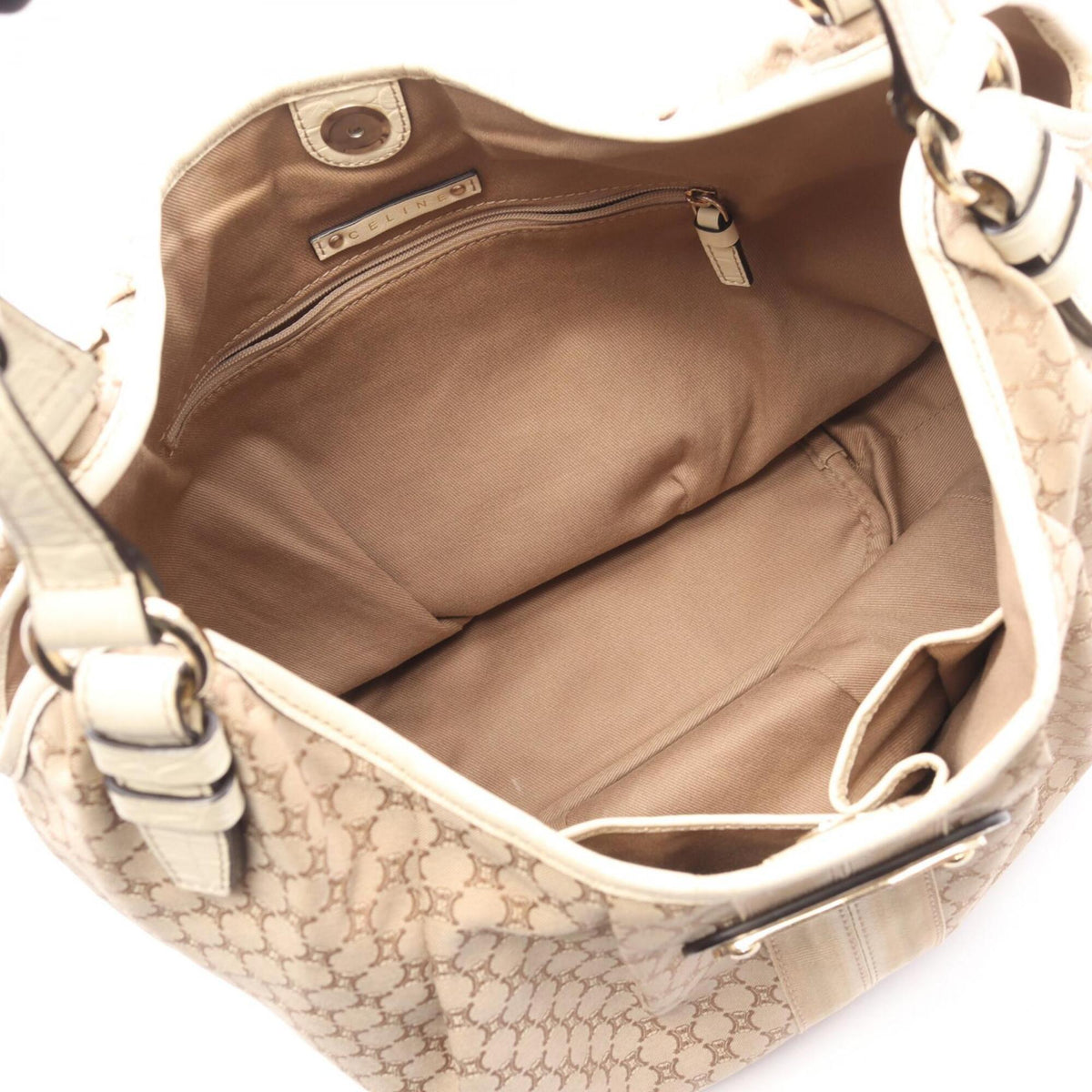 Celine Beige White Canvas Leather Handbag Shoulder Bag (Pre-Owned)