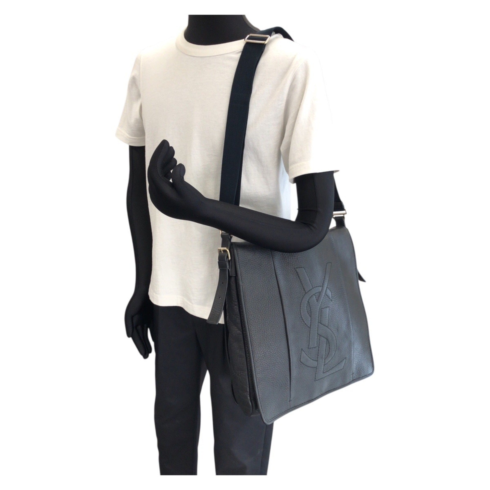 Yves Saint Laurent Black Navy Leather Messenger Bag Shoulder Bag (Pre-Owned)