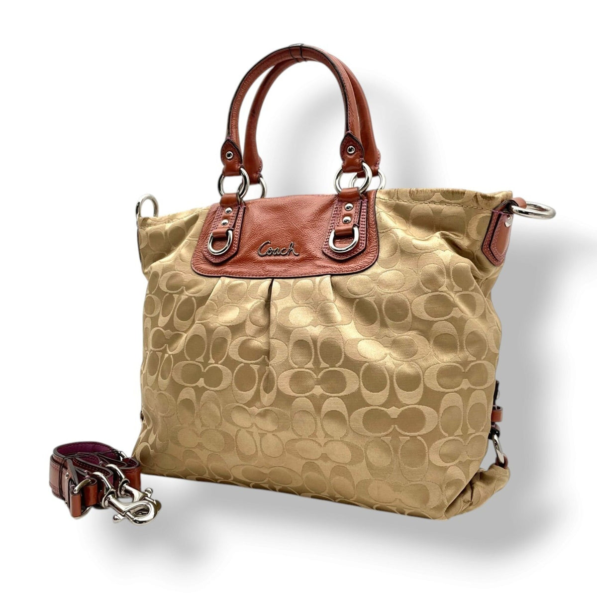 Coach Beige Brown Leather Handbag Shoulder Bag Tote Bag (Pre-Owned)