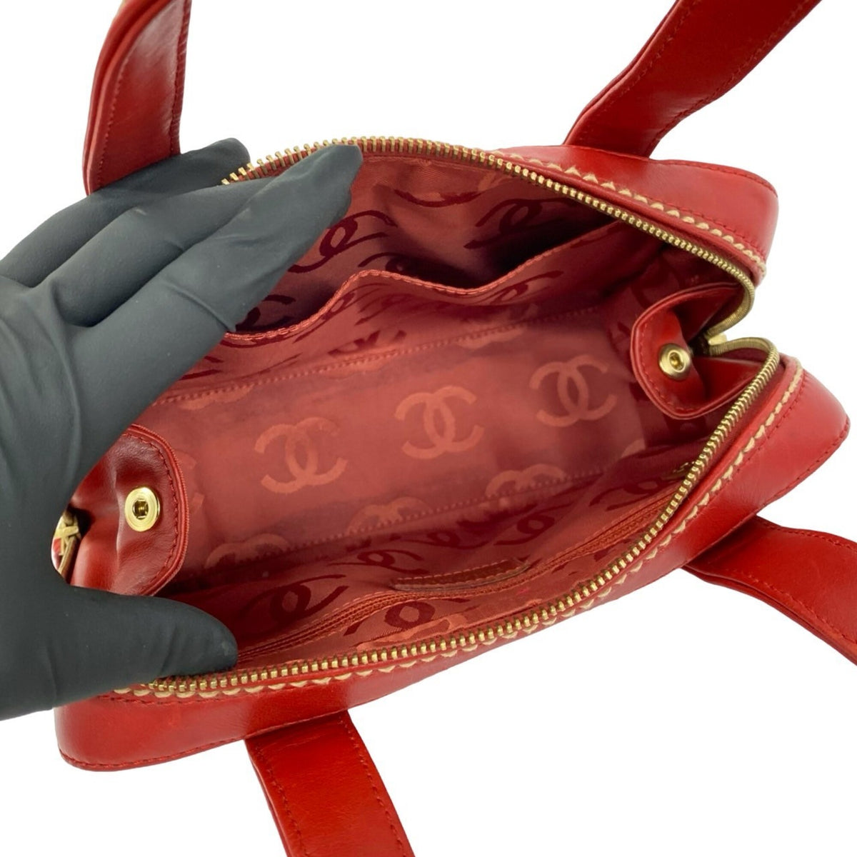 Chanel Red Color Leather Handbag Pouch Tote Bag (Pre-Owned)