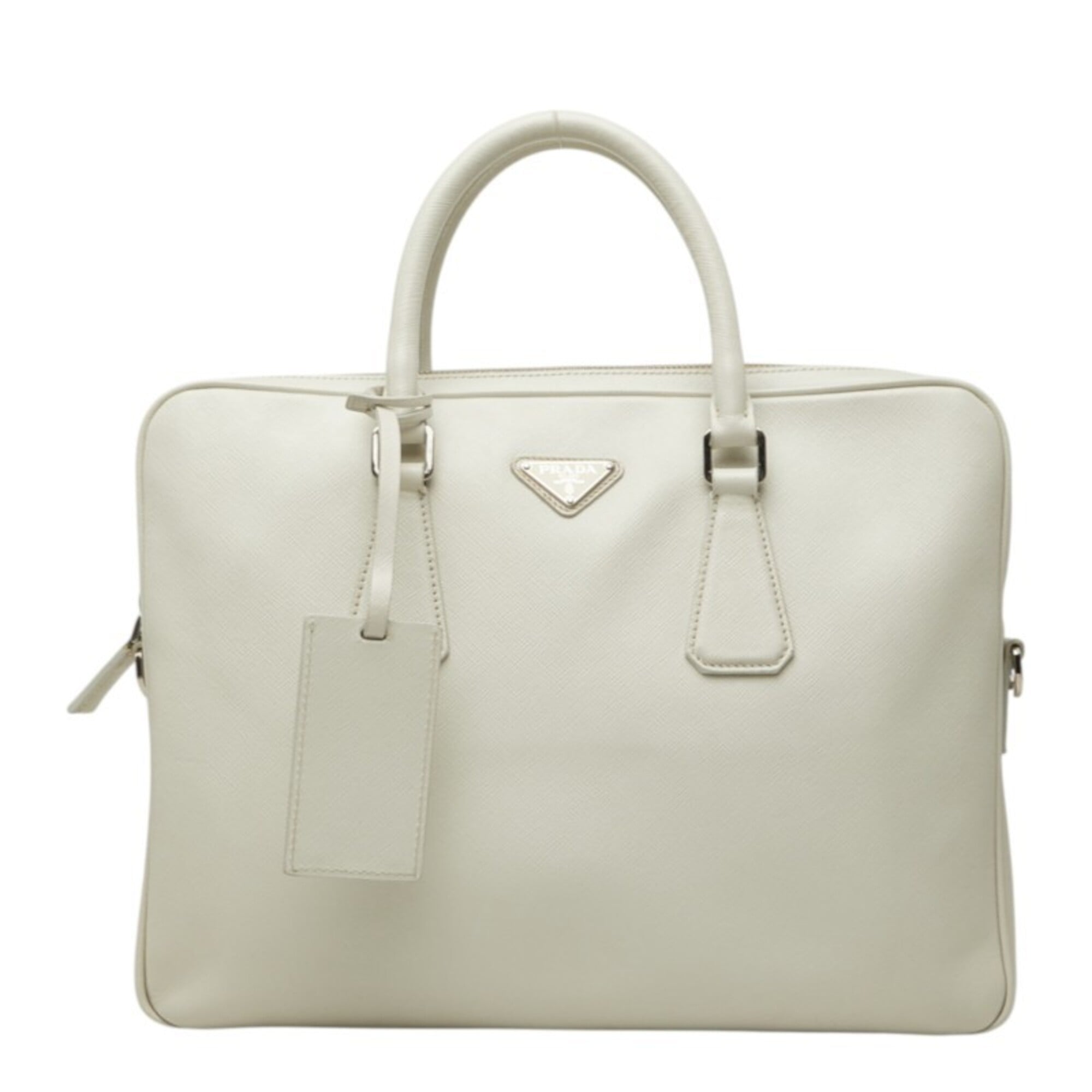 Prada White Saffiano Triangle Leather Briefcase Handbag (Pre-Owned)