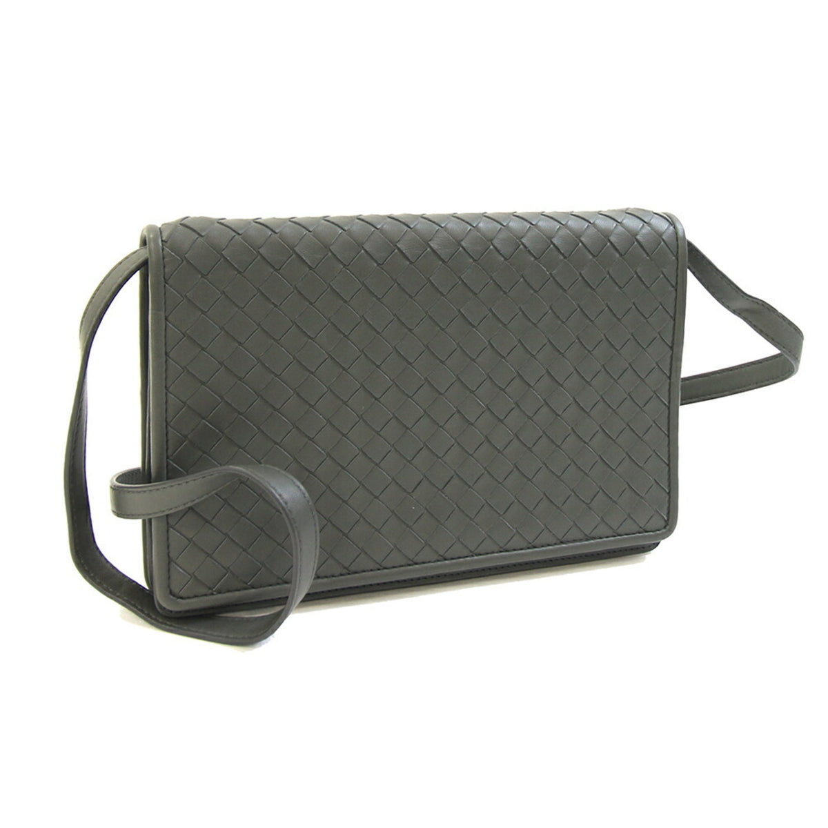 Bottega Veneta Intrecciato Dark Gray Leather Clutch Bag Shoulder Bag (Pre-Owned)