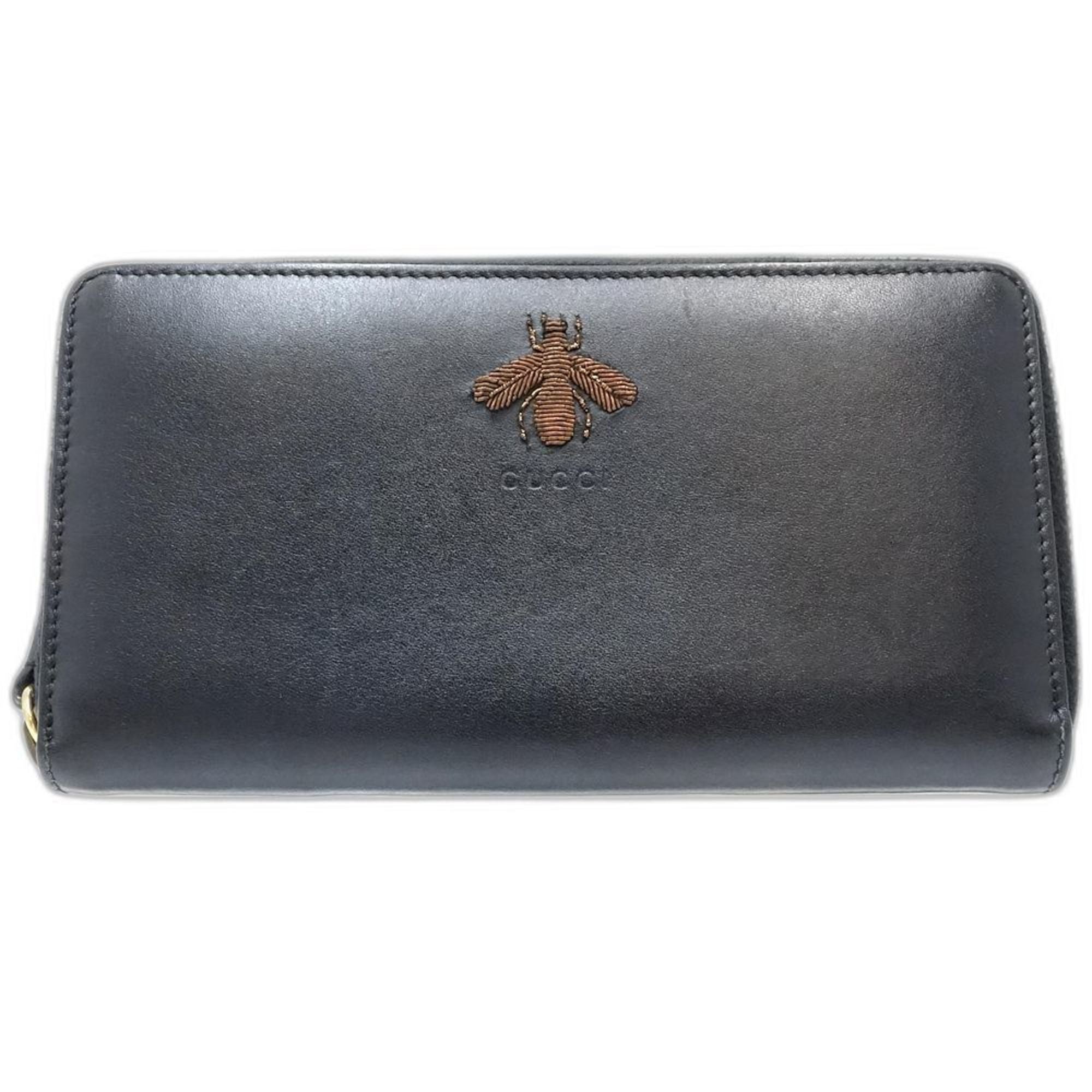 Gucci Animalier Black Leather Long Wallet (Bi-Fold) (Pre-Owned)