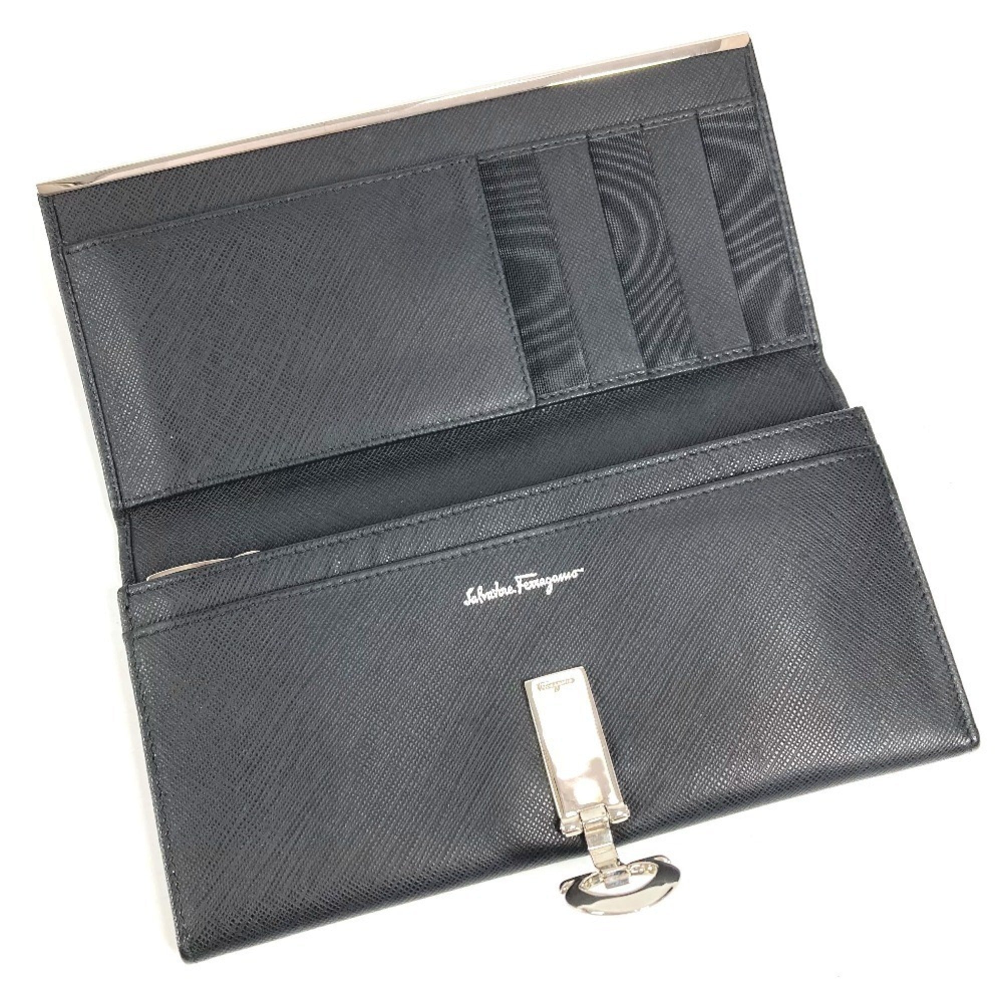Salvatore Ferragamo Silver Black Leather Long Wallet (Bi-Fold) (Pre-Owned)