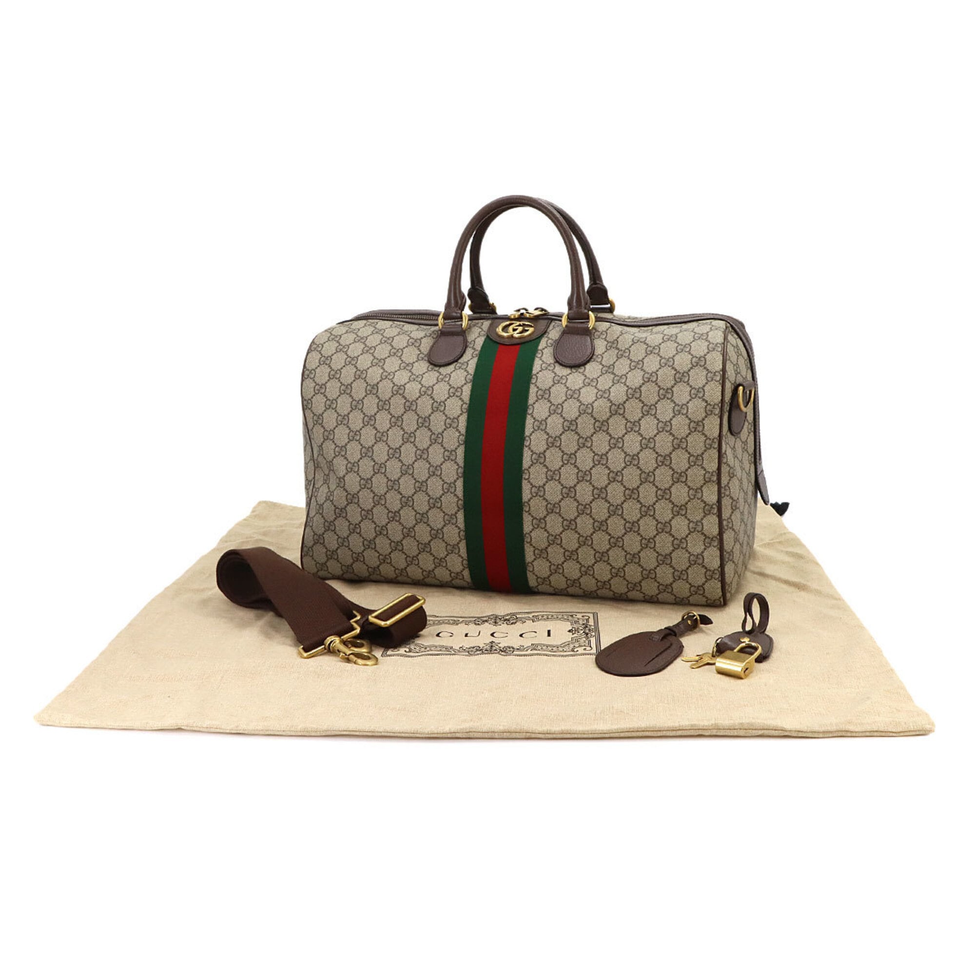 Gucci Ophidia Beige Brown Gg Supreme Leather Boston Bag Handbag (Pre-Owned)