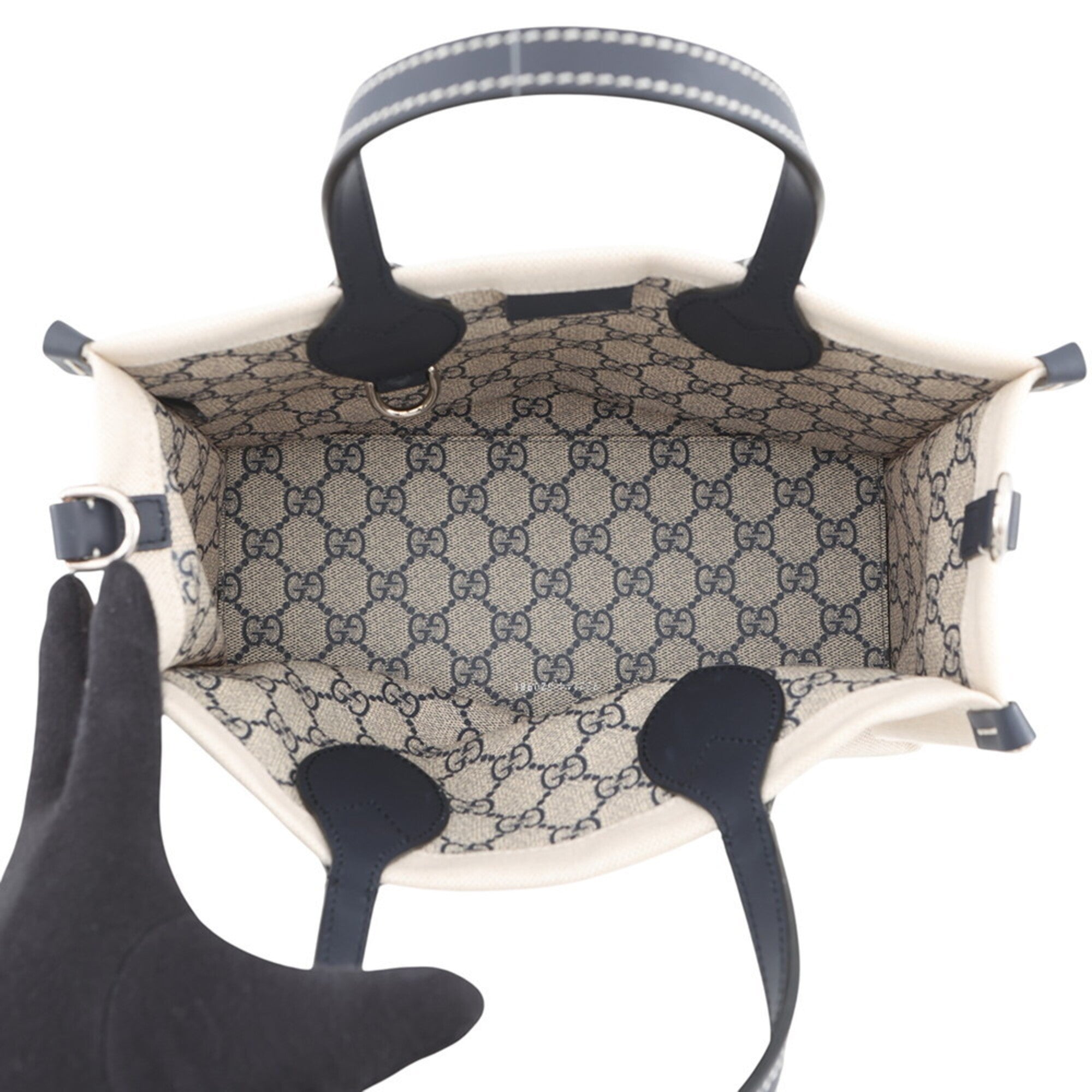 Gucci Beige Navy Canvas Leather Handbag Shoulder Bag (Pre-Owned)