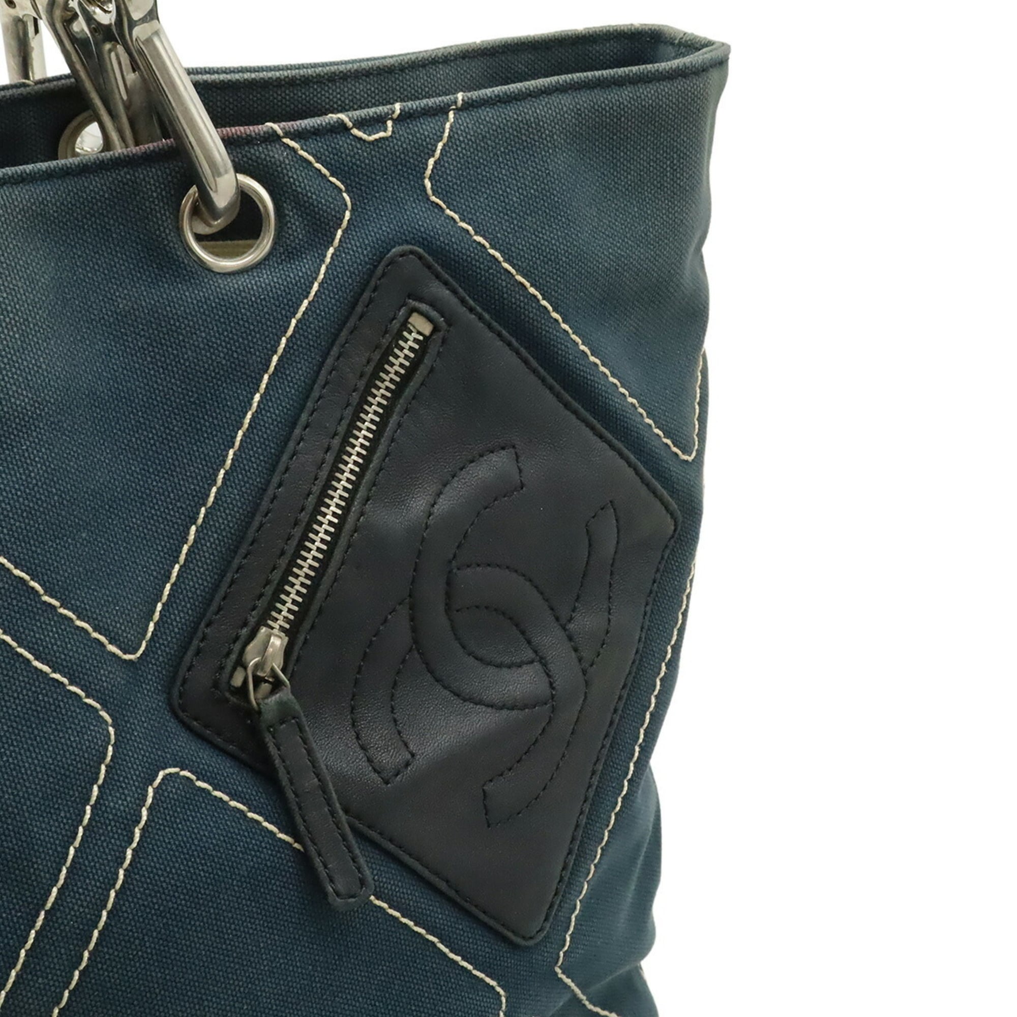 Chanel No.5 Black Navy Canvas Leather Shoulder Bag Tote Bag (Pre-Owned)