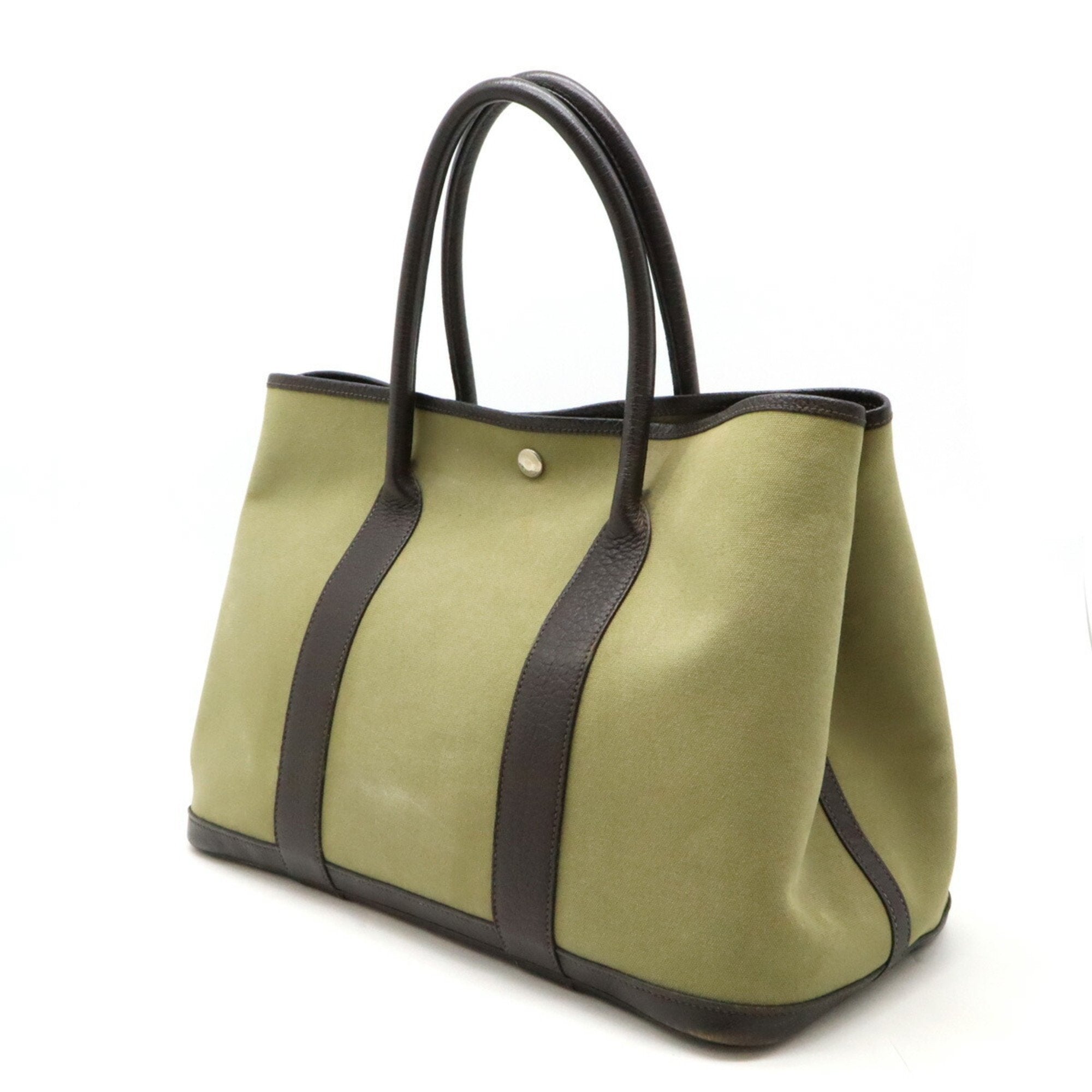 Hermes Garden Dark Brown Khaki Toile Officier Leather Handbag Tote Bag (Pre-Owned)