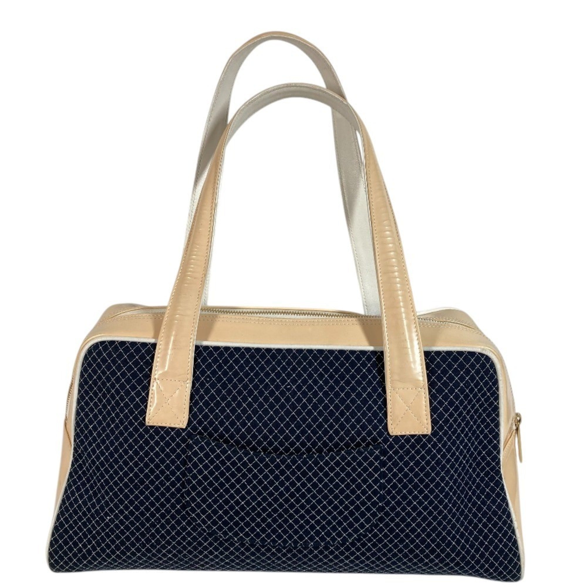 Chanel Navy White Canvas Boston Bag Shoulder Bag Sports Bag Tote Bag (Pre-Owned)