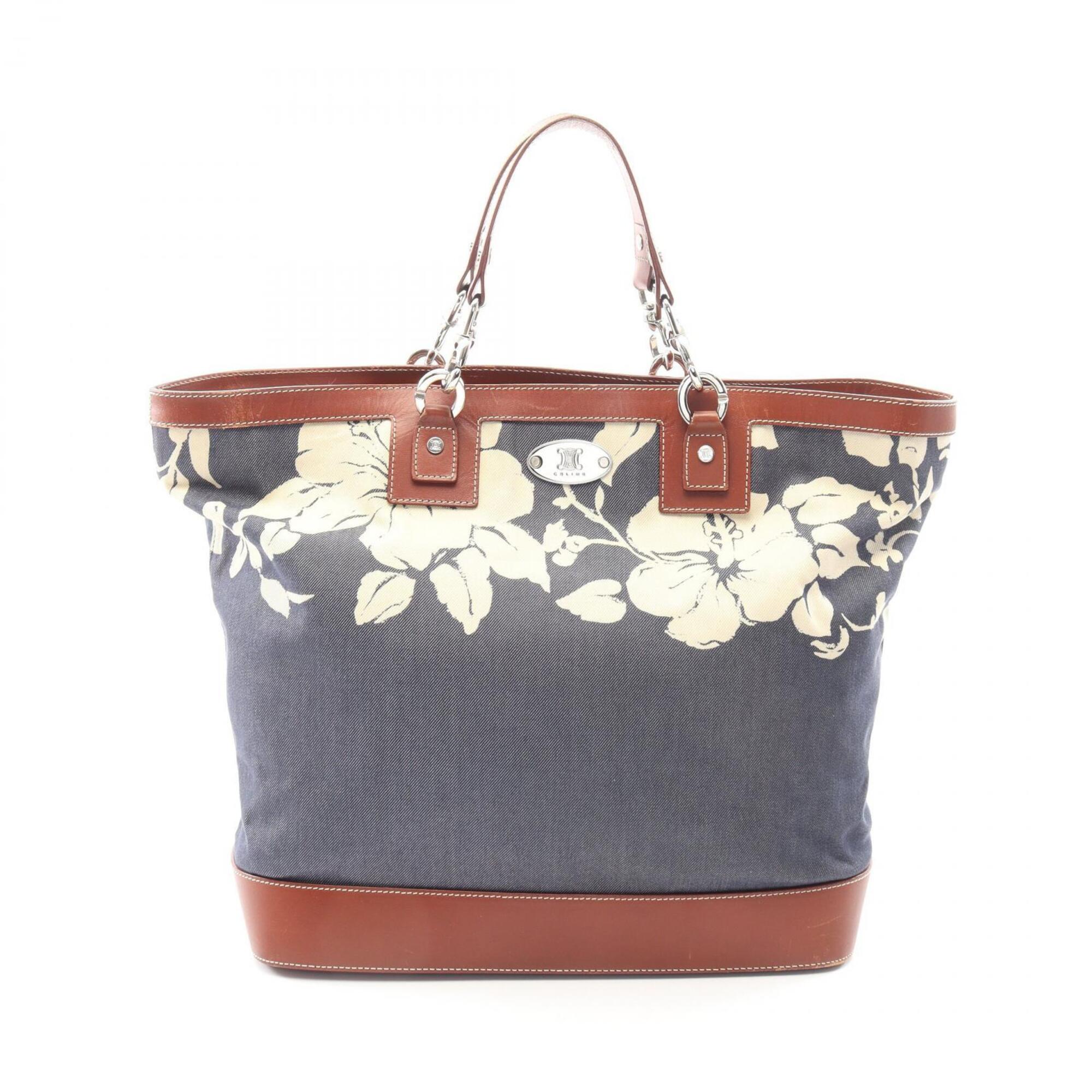 Celine Brown Navy Denim Leather Handbag Tote Bag (Pre-Owned)
