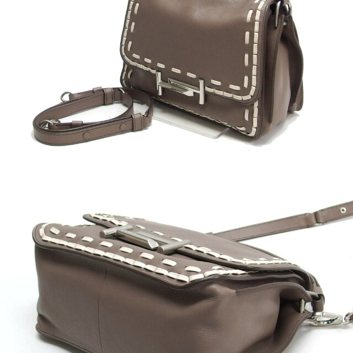 Tod's Gray Beige Grayish Leather Handbag Shoulder Bag (Pre-Owned)