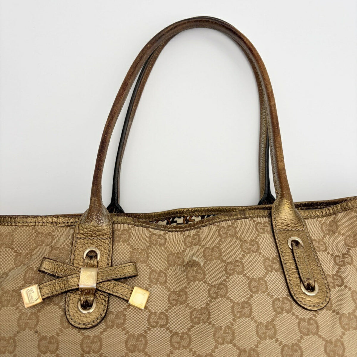 Gucci Beige Gold Gg Canvas Leather Shoulder Bag Tote Bag (Pre-Owned)
