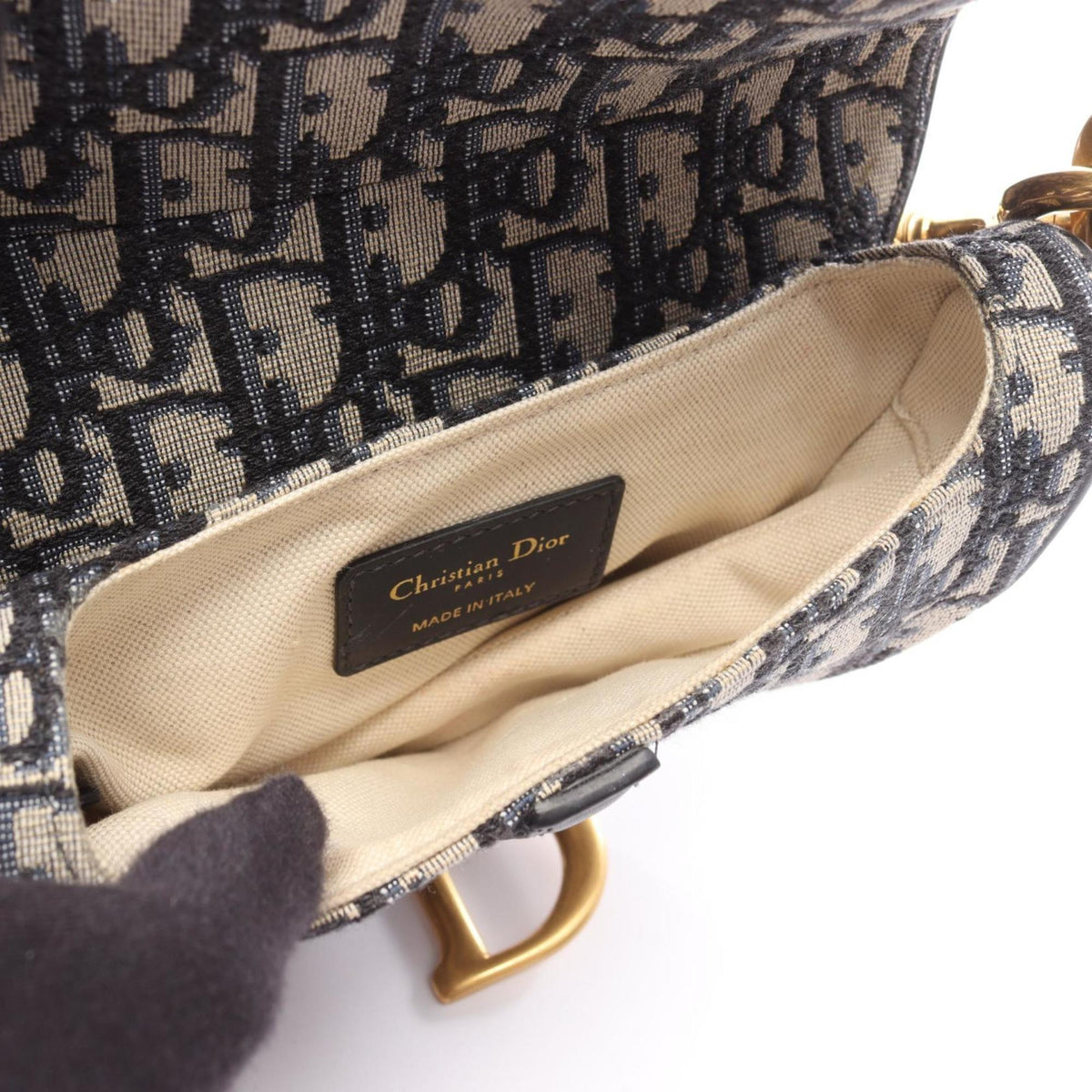Christian Dior Ivory Navy Canvas Leather Handbag Saddle Bag (Pre-Owned)