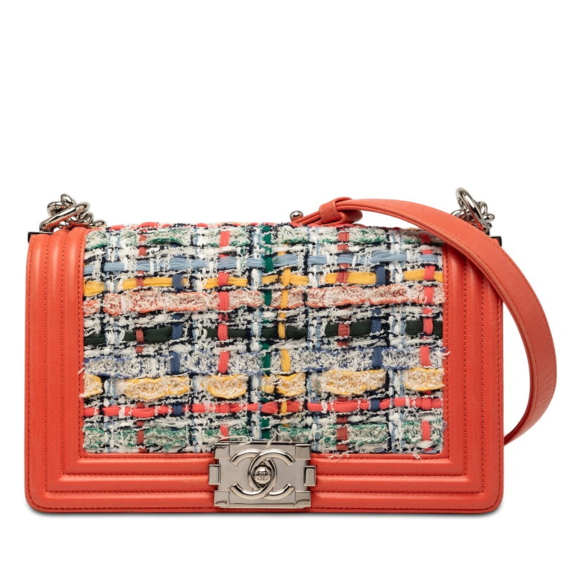 Chanel Boy Chanel Multi-Color Orange Tweed Leather Shoulder Bag (Pre-Owned)