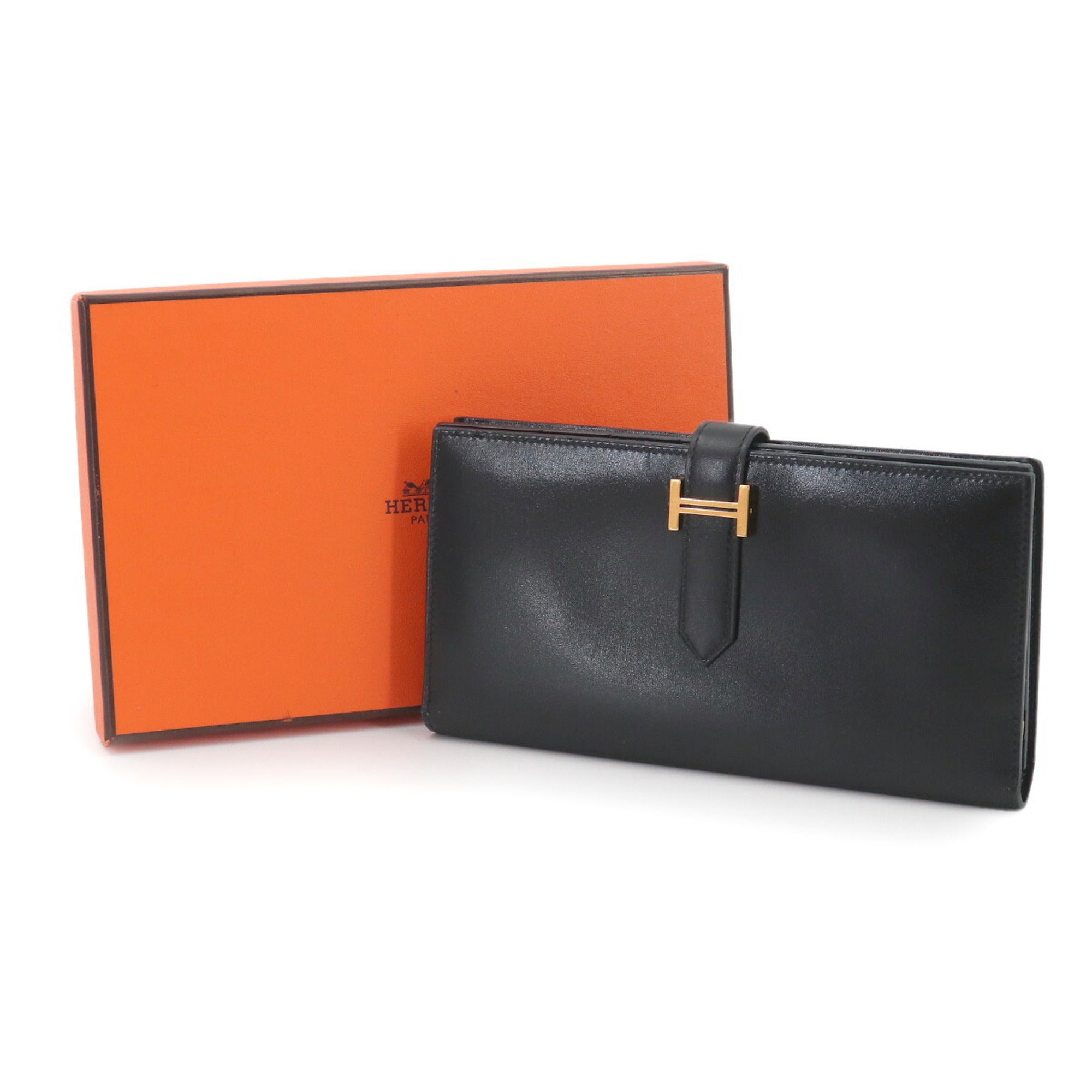 Hermes Black Box Calf Leather Long Wallet (Bi-Fold) (Pre-Owned)