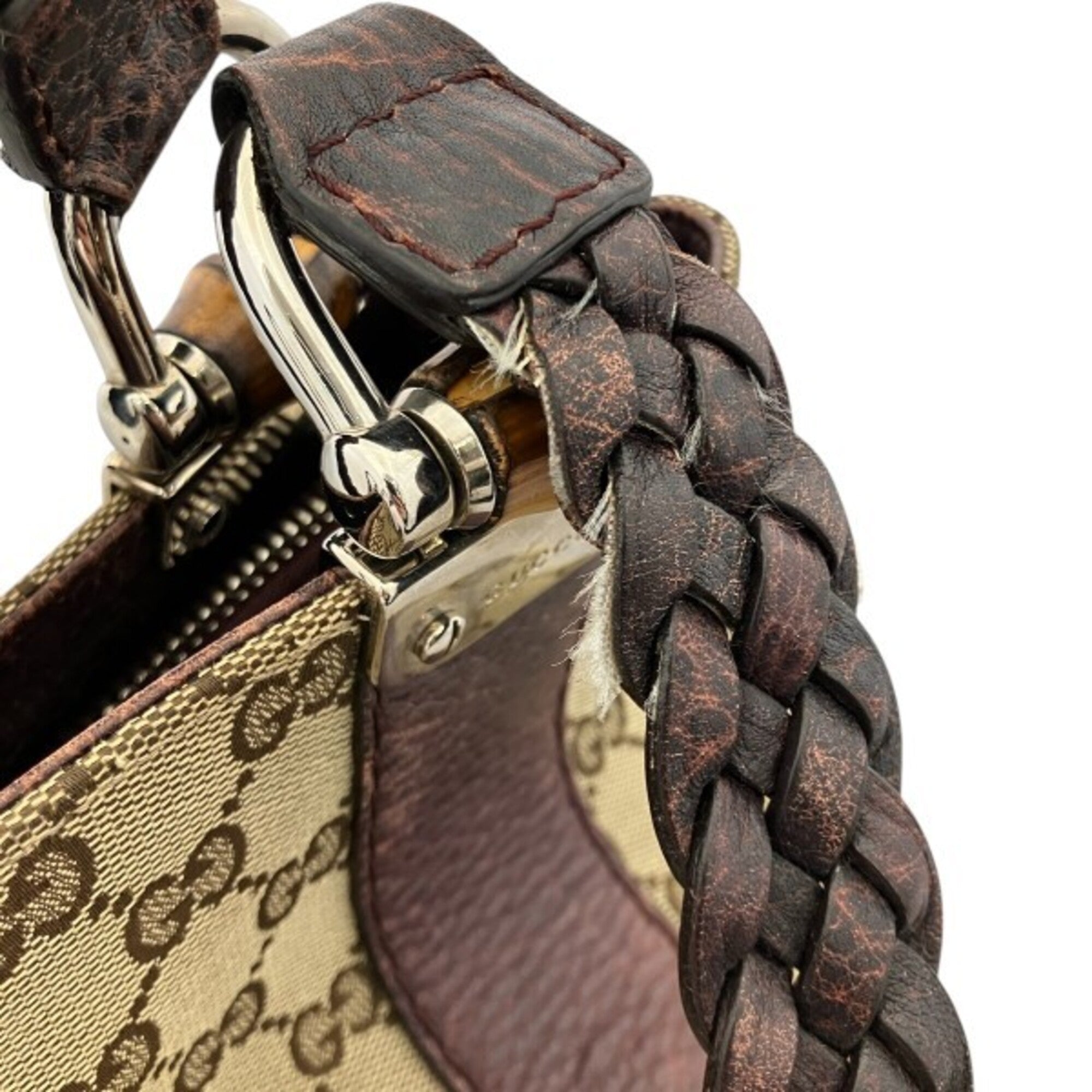 Gucci Beige Brown Canvas Leather Handbag Tote Bag (Pre-Owned)