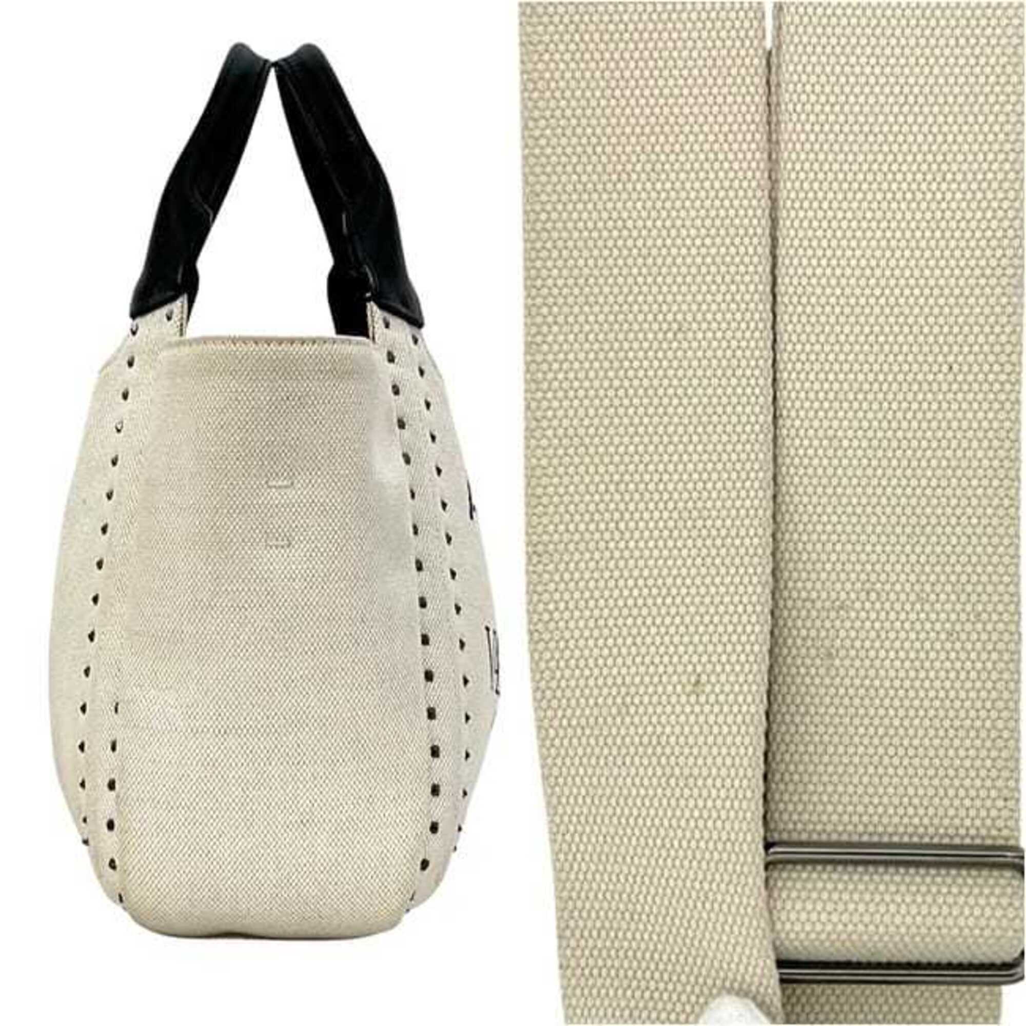 Valentino Garavani Beige Black Canvas Leather Handbag Shoulder Bag (Pre-Owned)