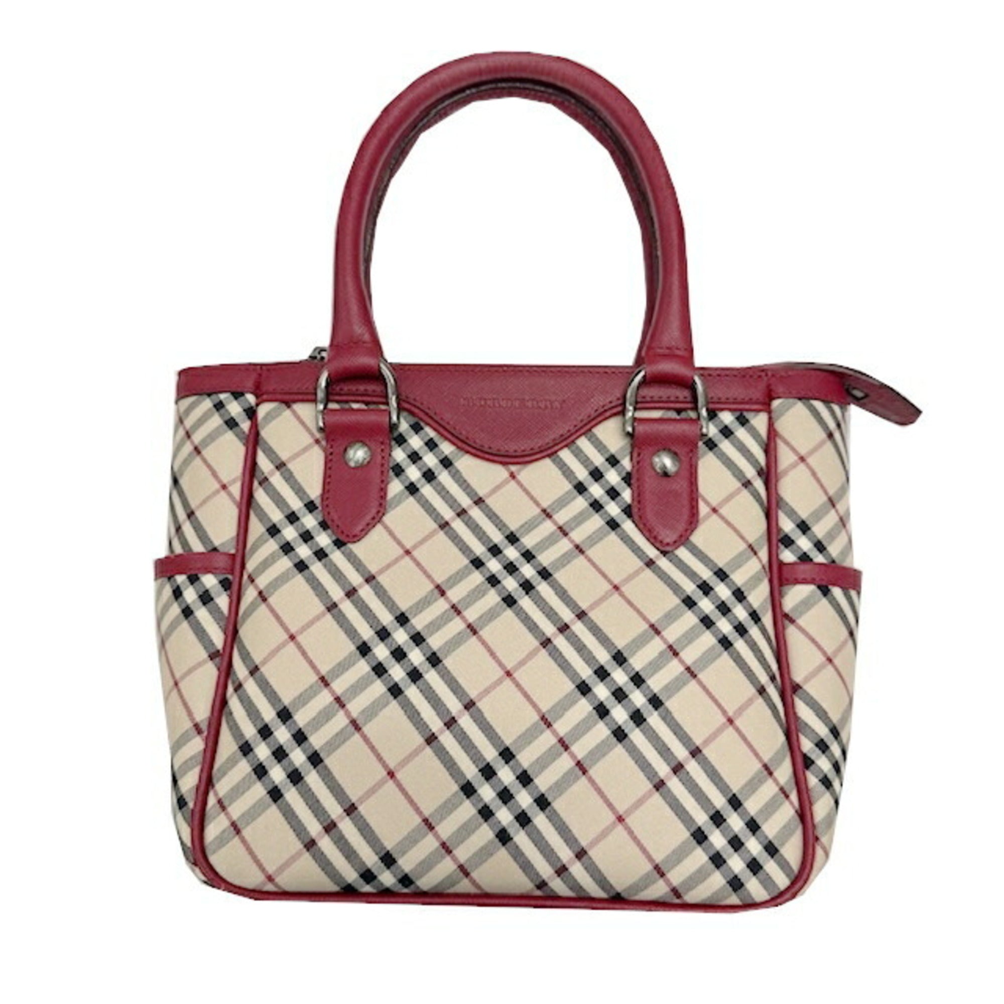 Burberry Beige Red Color Leather Canvas Handbag (Pre-Owned)