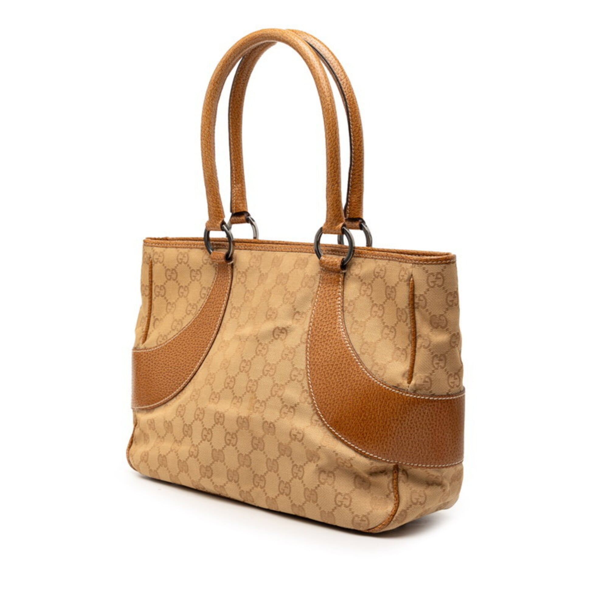 Gucci Beige Leather Canvas Shoulder Bag Tote Bag (Pre-Owned)