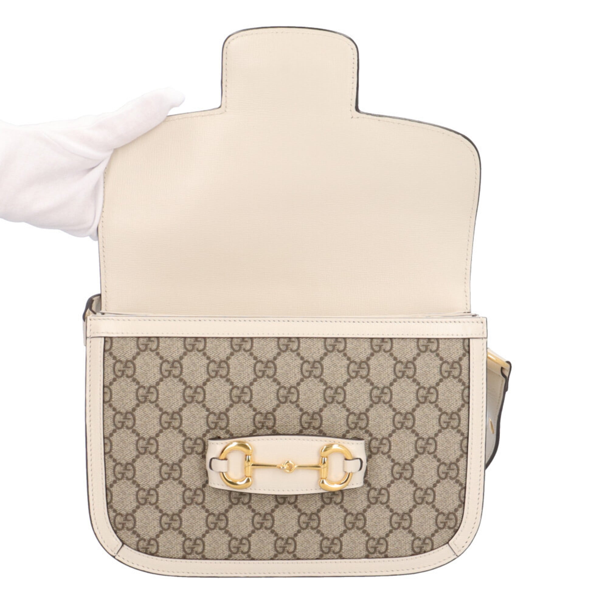 Gucci Horsebit Beige White Gg Supreme Canvas Leather Shoulder Bag (Pre-Owned)
