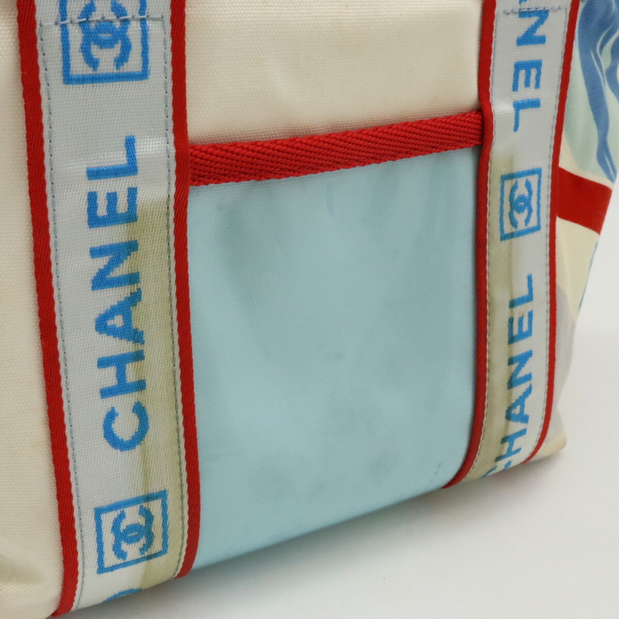 Chanel Ivory Light Blue Red Color Canvas Shoulder Bag Tote Bag (Pre-Owned)