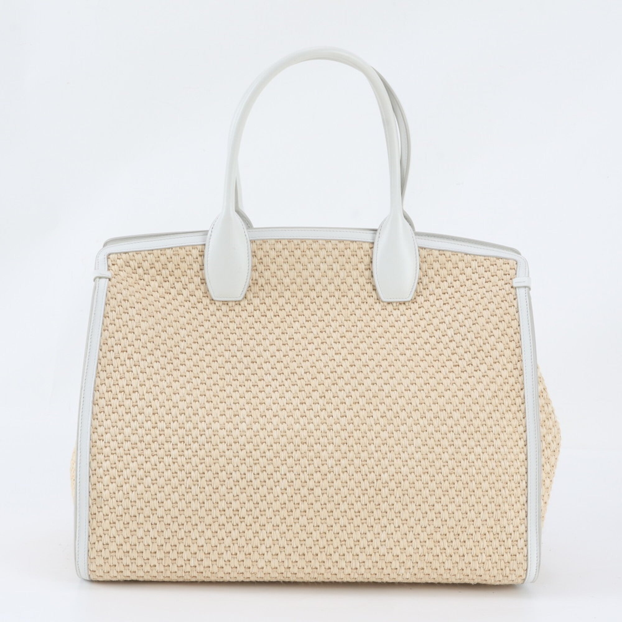 Salvatore Ferragamo Gancini Beige White Canvas Leather Handbag Tote Bag (Pre-Owned)