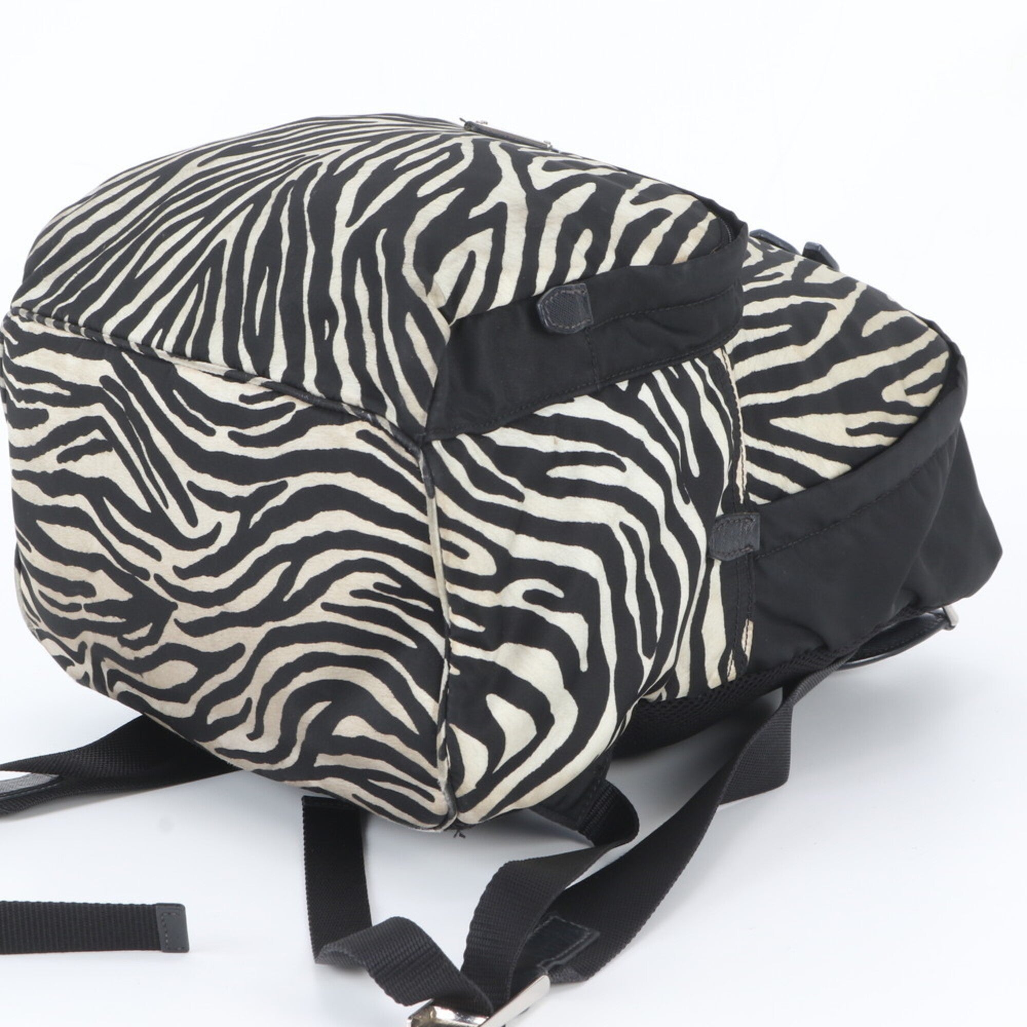 Prada Black White Leather Nylon Backpack Handbag (Pre-Owned)