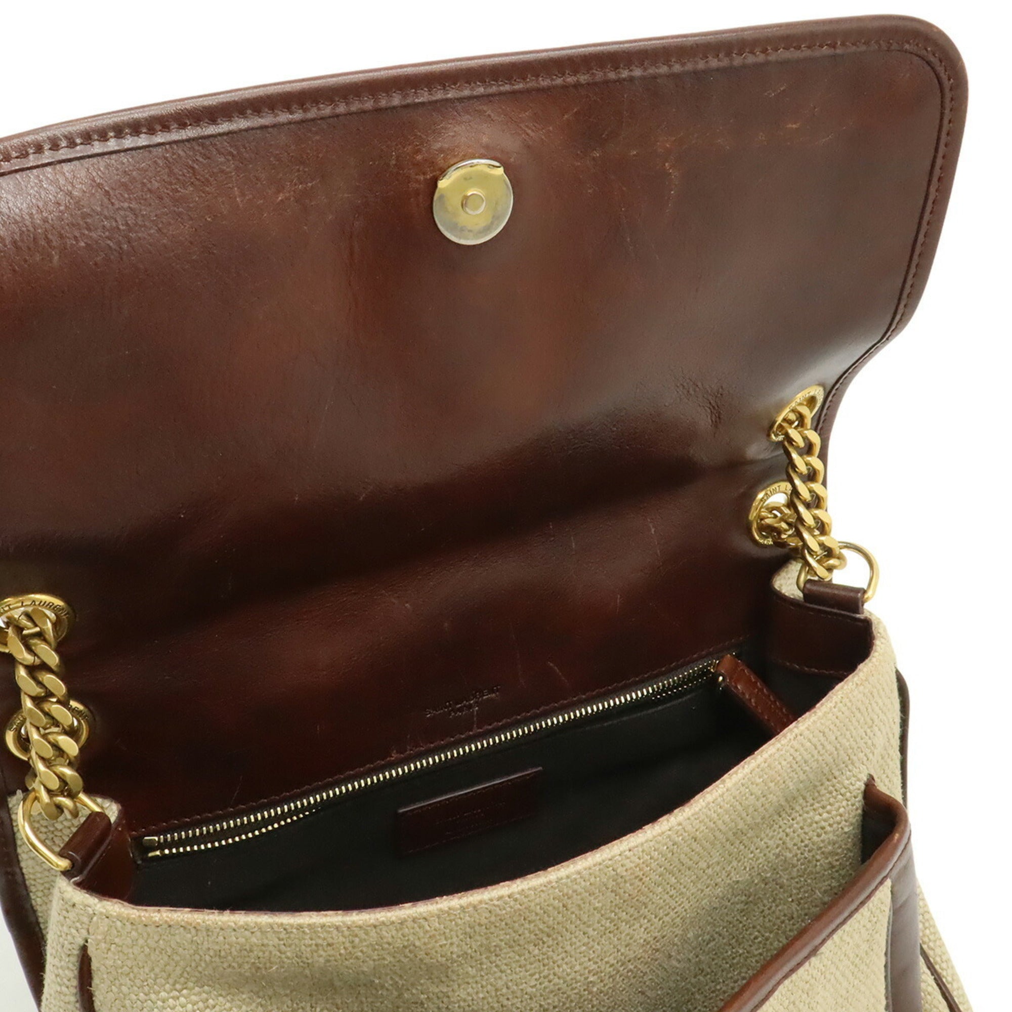 Yves Saint Laurent Beige Dark Brown Linen Leather Shoulder Bag (Pre-Owned)