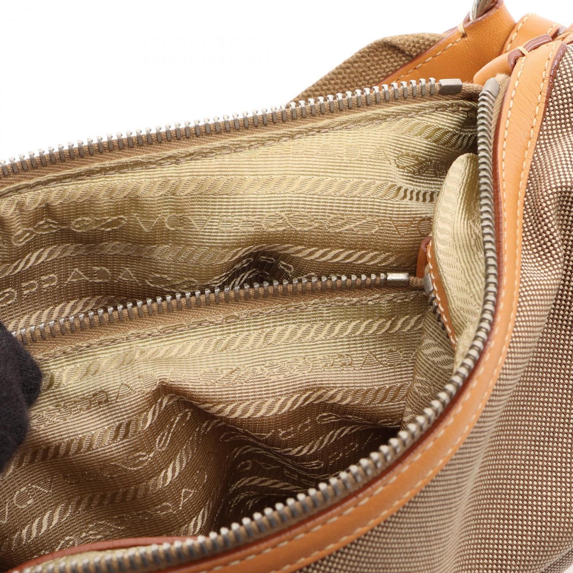 Prada Beige Canvas Leather Handbag Shoulder Bag (Pre-Owned)