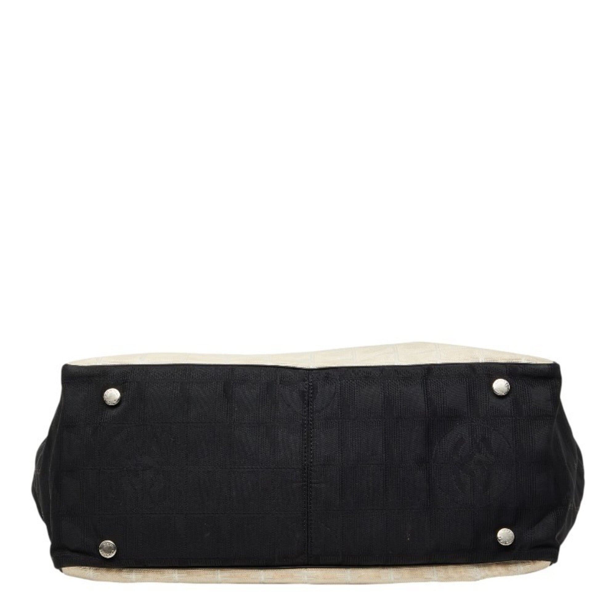 Chanel Beige Black Nylon Leather Handbag Tote Bag (Pre-Owned)