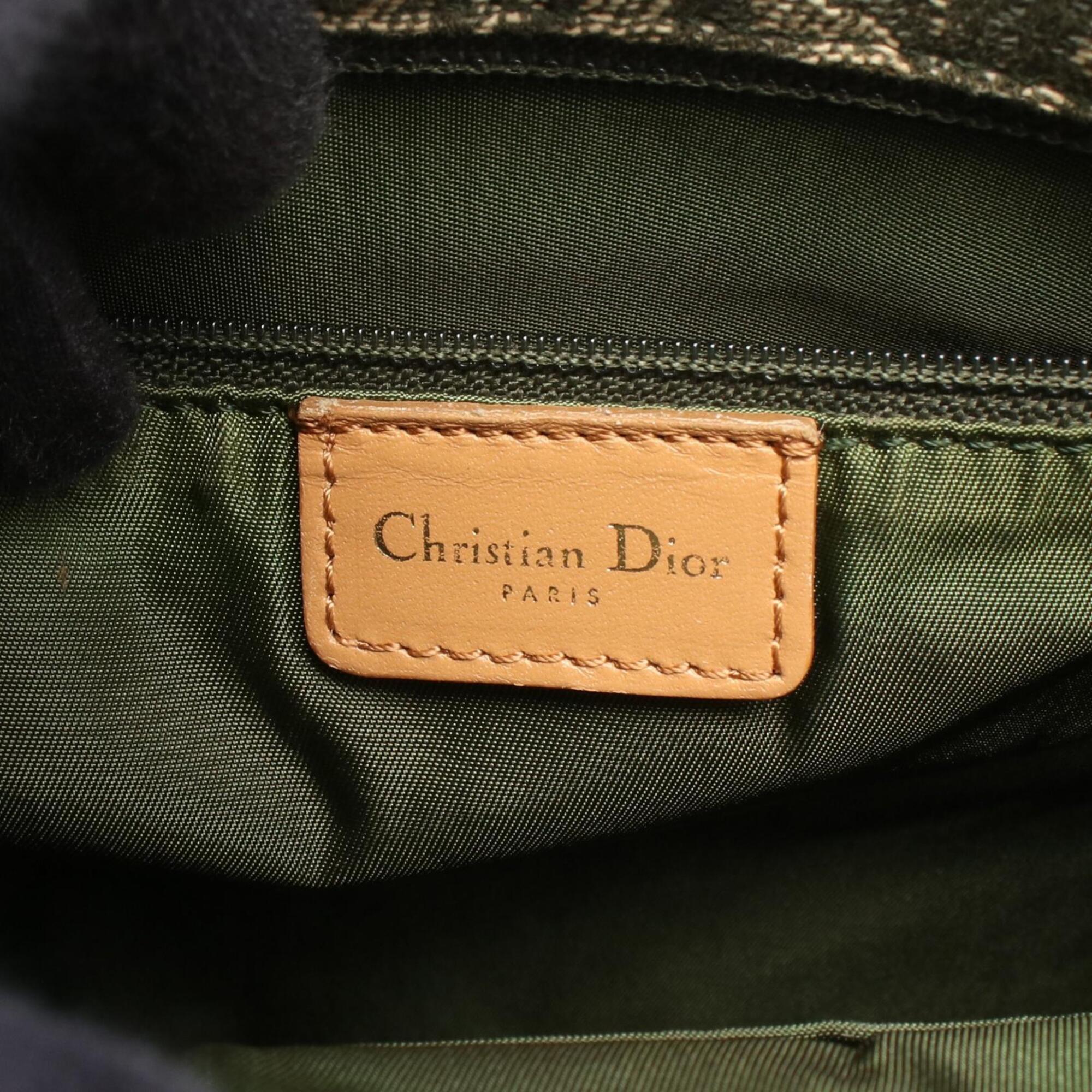 Christian Dior Beige Green Canvas Leather Handbag Tote Bag (Pre-Owned)