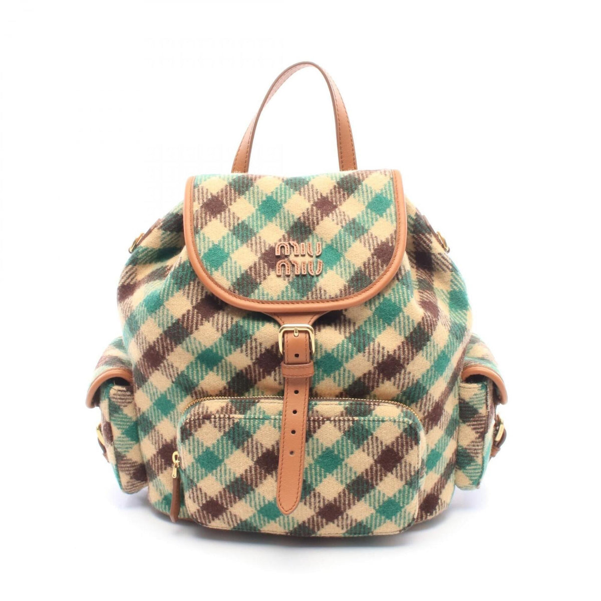 Miu Miu Beige Green Multi-Color Wool Leather Backpack Handbag (Pre-Owned)